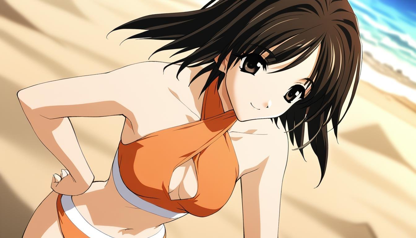 1girl,tobise tomoe,orange and white bikini,halterneck,masterpiece,solo,best quality,game cg,(depth of field:0.6),(detailed beautiful eyes:1.2),(beautiful face:1.3),<lora:TobiseTomoeXL:1>,navel,smile,hand on hip,beach,cowboy shot,^ ^, cleavage cutout,