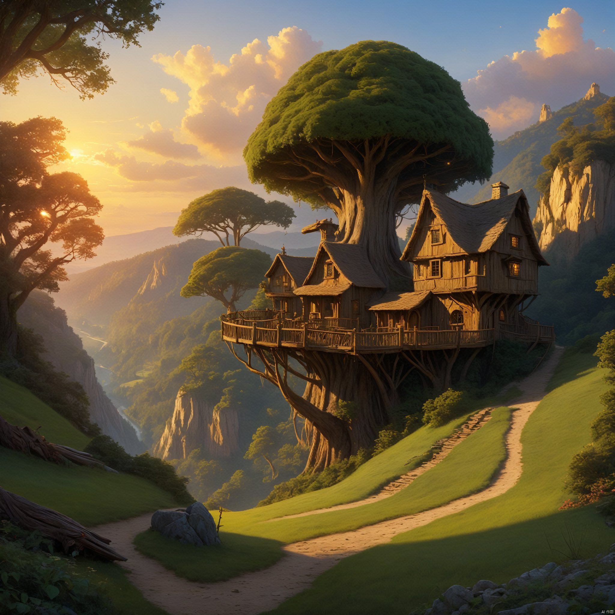  valley, fairytale treehouse village covered, , matte painting, highly detailed, dynamic lighting, cinematic, realism, realistic, photo real, sunset, detailed, high contrast, denoised, centered, michael whelan