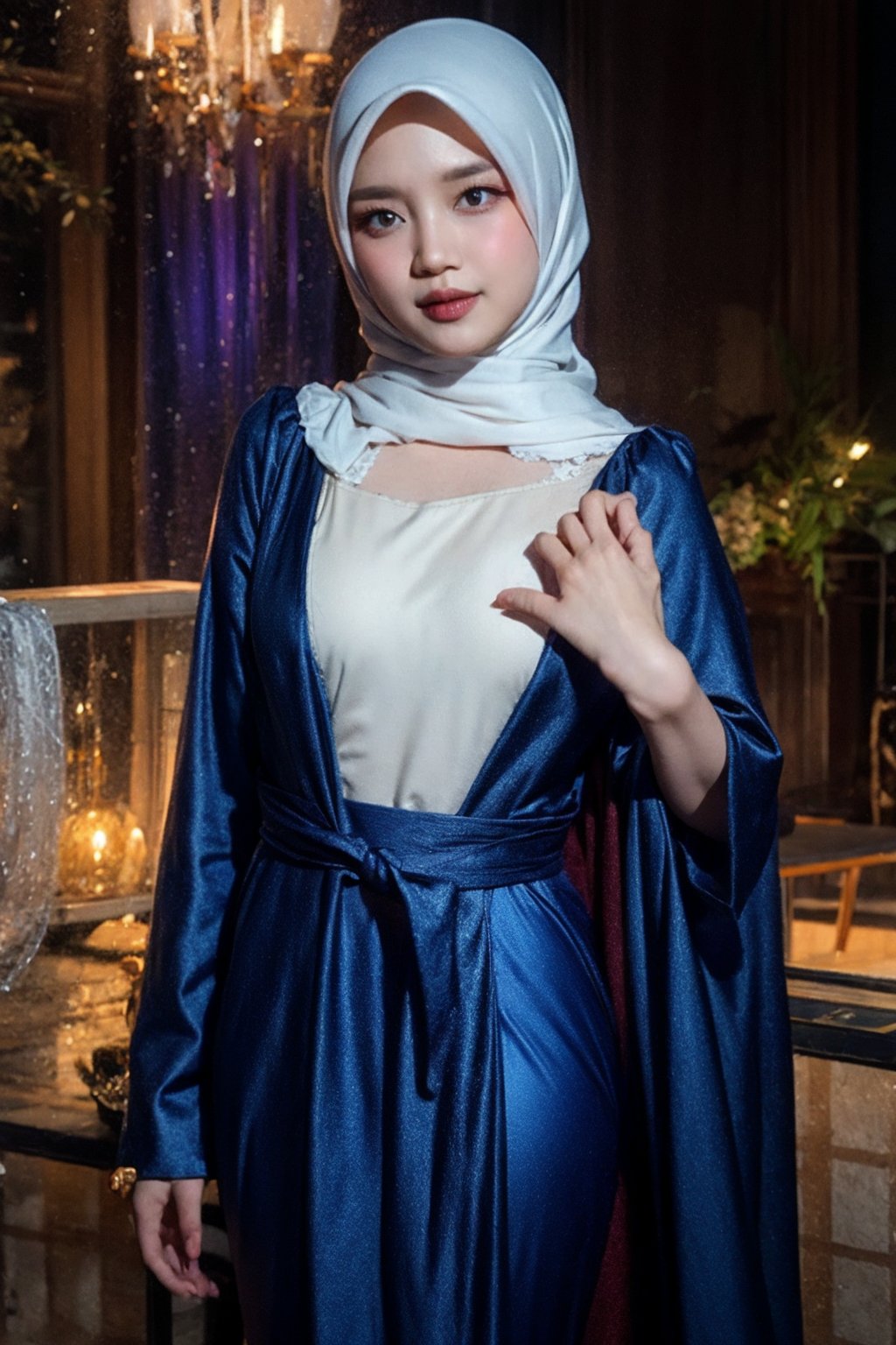 1 girl, solo, medium_breasts, innocent looks, enjoying, looking at viewer,

Hijab, robe, Jewelry, necklace, earings, only_robe, silk, thin, translucent ,see-through, 
,C1SYU,H3NUY ,sangonomiya kokomi (sparkling coralbone),sangonomiya kokomi,R15M 