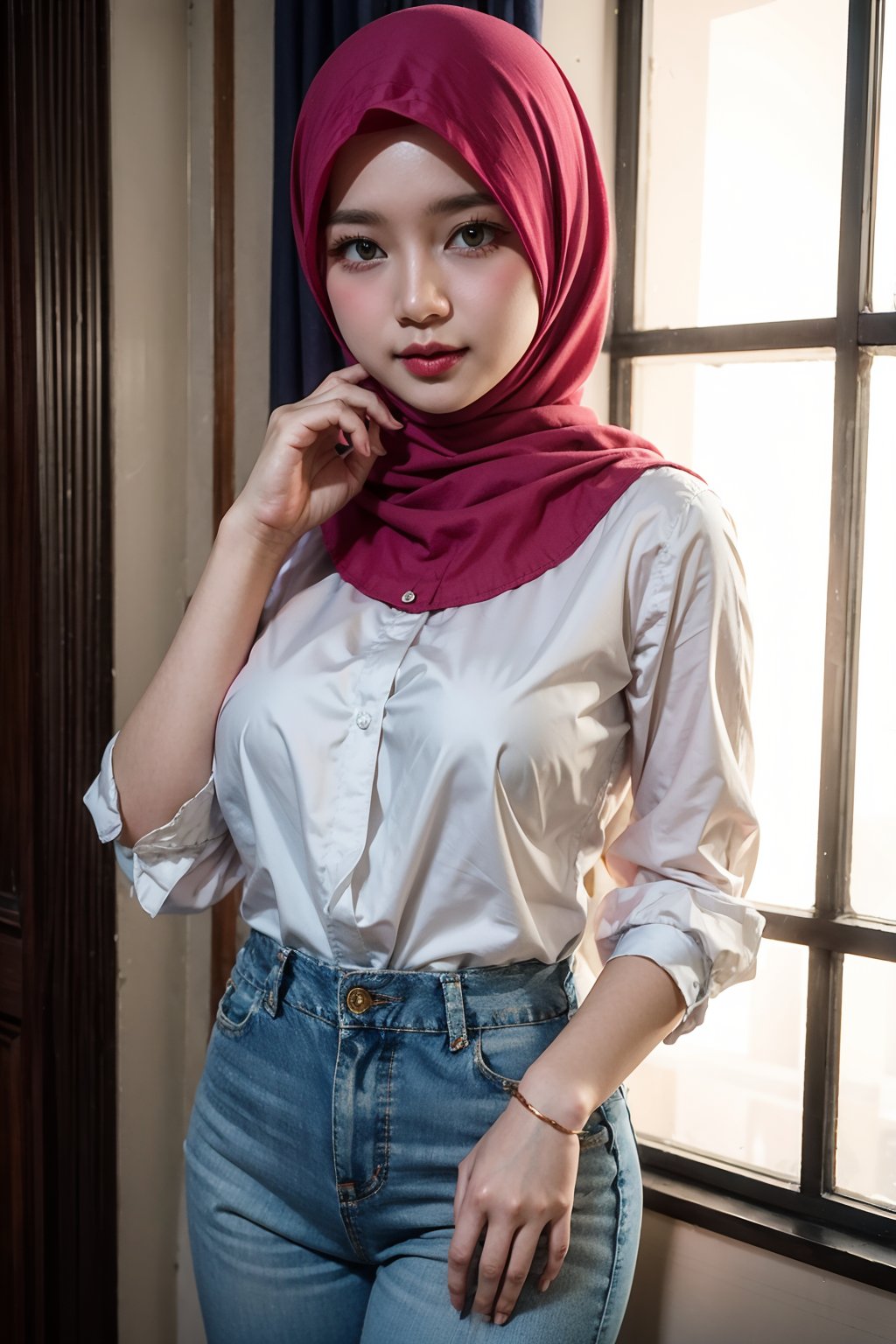 1 girl, solo, medium_breasts, innocent looks, enjoying, looking at viewer,

Hijab, shirt, Jewelry, necklace, earings, only_shirt, silk, thin, translucent ,see-through, 
,C1SYU,H3NUY ,sangonomiya kokomi (sparkling coralbone),sangonomiya kokomi,R15M ,IR3N 