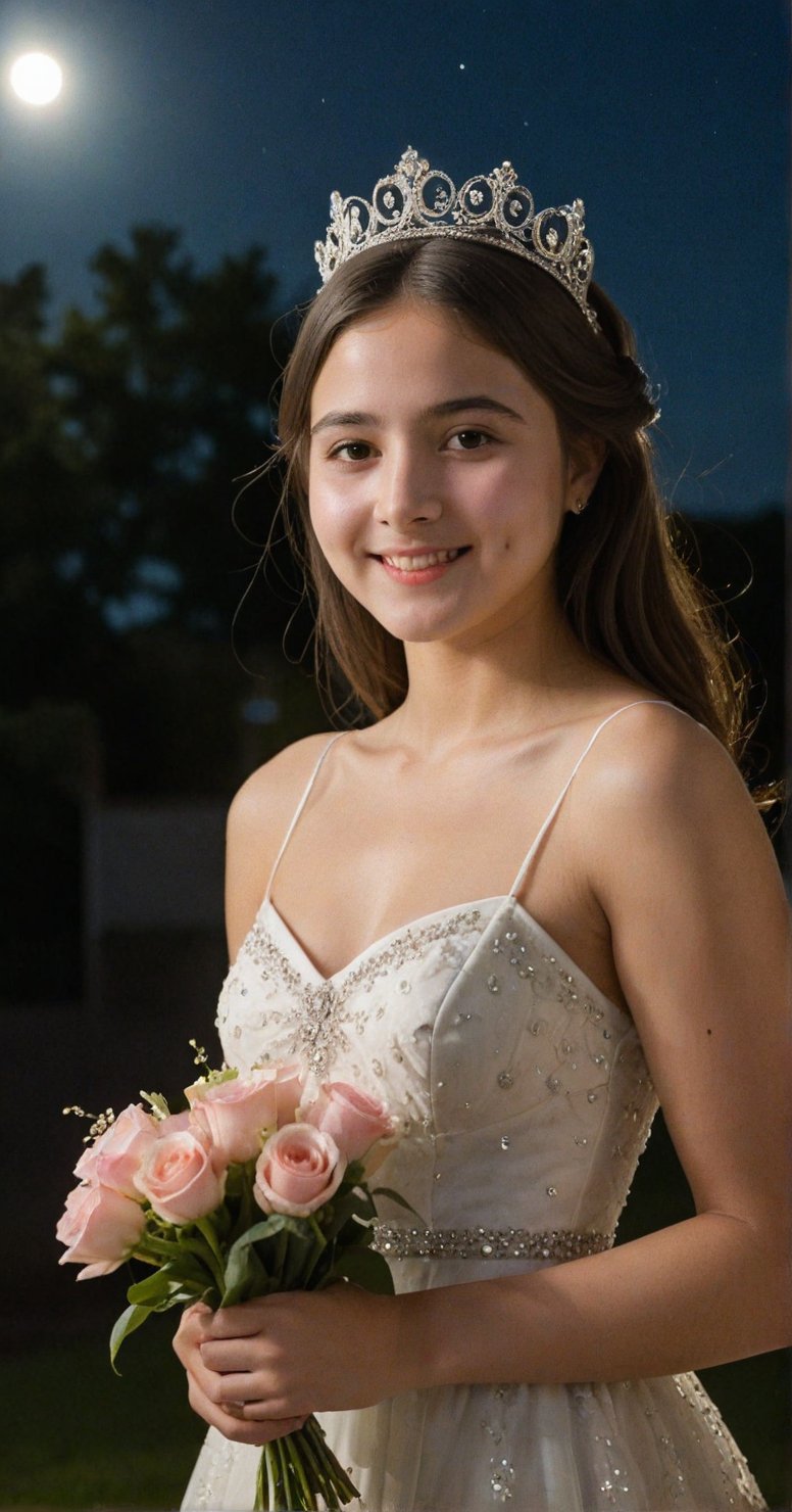 A beautiful 18 year old woman posing confidently in the middle of the night under a full moon with shining light. she wore a beautiful dress and princess crown and held a bouquet of flowers. the camera takes a picture of her from the side, with and focusing on her beautiful face and beautiful dress. Her face, sweet smile and dress are the center of attention.