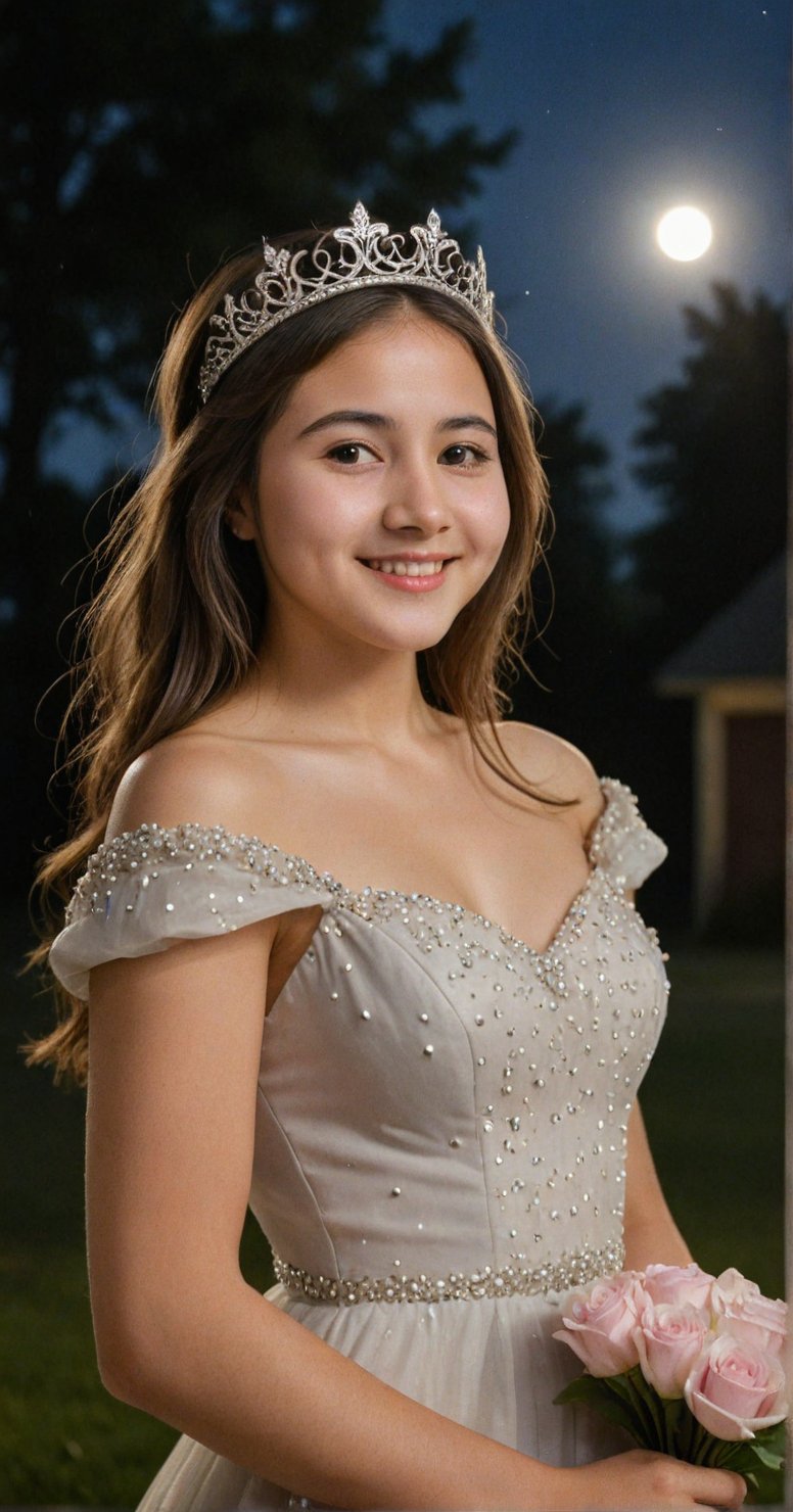 A beautiful 18 year old woman posing confidently in the middle of the night under a full moon with shining light. she wore a beautiful dress and princess crown and held a bouquet of flowers. the camera takes a picture of her from the side, with and focusing on her beautiful face and beautiful dress. Her face, sweet smile and dress are the center of attention.