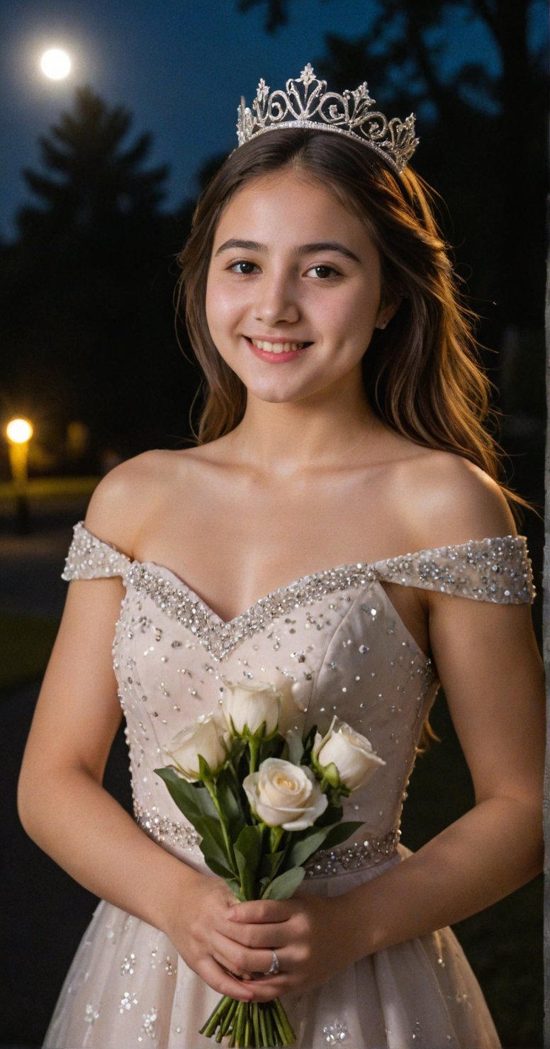 A beautiful 18 year old woman posing confidently in the middle of the night under a full moon with shining light. she wore a beautiful dress and princess crown and held a bouquet of flowers. the camera takes a picture of her from the side, with and focusing on her beautiful face and beautiful dress. Her face, sweet smile and dress are the center of attention.