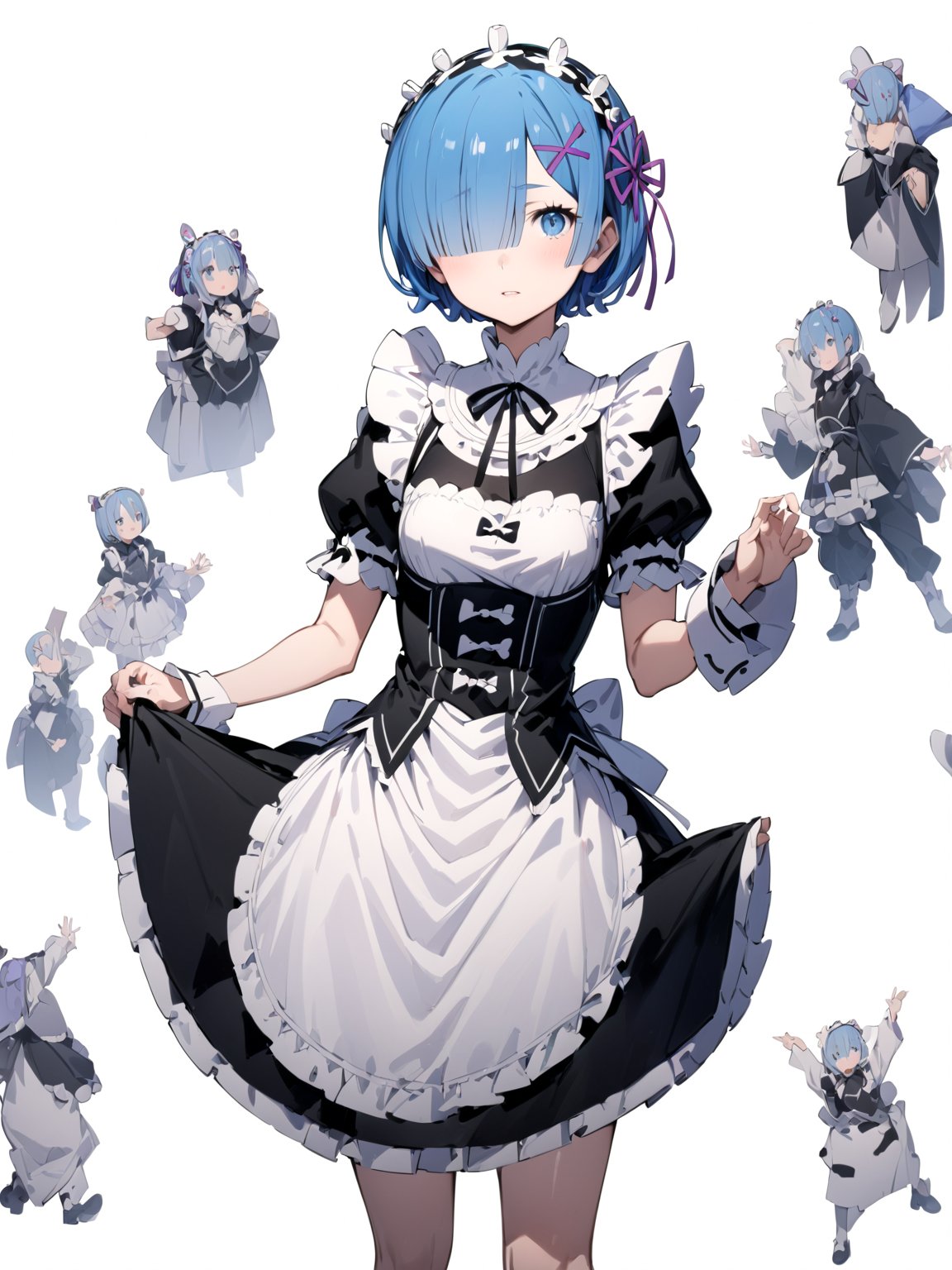 //Quality,
masterpiece, best quality, detailed
,//Character,
solo,rem \(re_zero\), 1girl, blue eyes, blue hair, short hair
,//Fashion,
roswaal mansion maid uniform, hair ribbon
,//Background,
white_background, simple_background
,//Others,
full_body