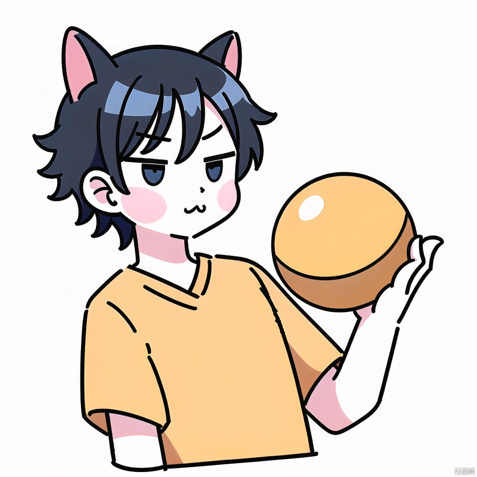 (\MBTI\),solo,short hair,simple background,shirt,black hair,1boy,white background,holding,animal ears,closed mouth,upper body,short sleeves,male focus,cat ears,hand up,:3,ball,yellow shirt,sportswear,cropped torso,holding ball