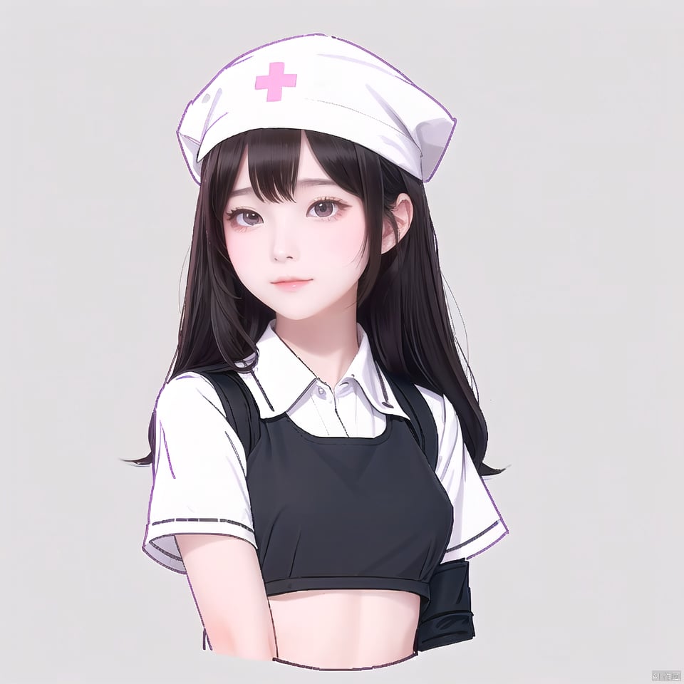 (\MBTI\),1girl,solo,simple background,shirt,black hair,hat,white background,closed mouth,upper body,no humans,blush stickers,cropped torso,nurse cap,nurse