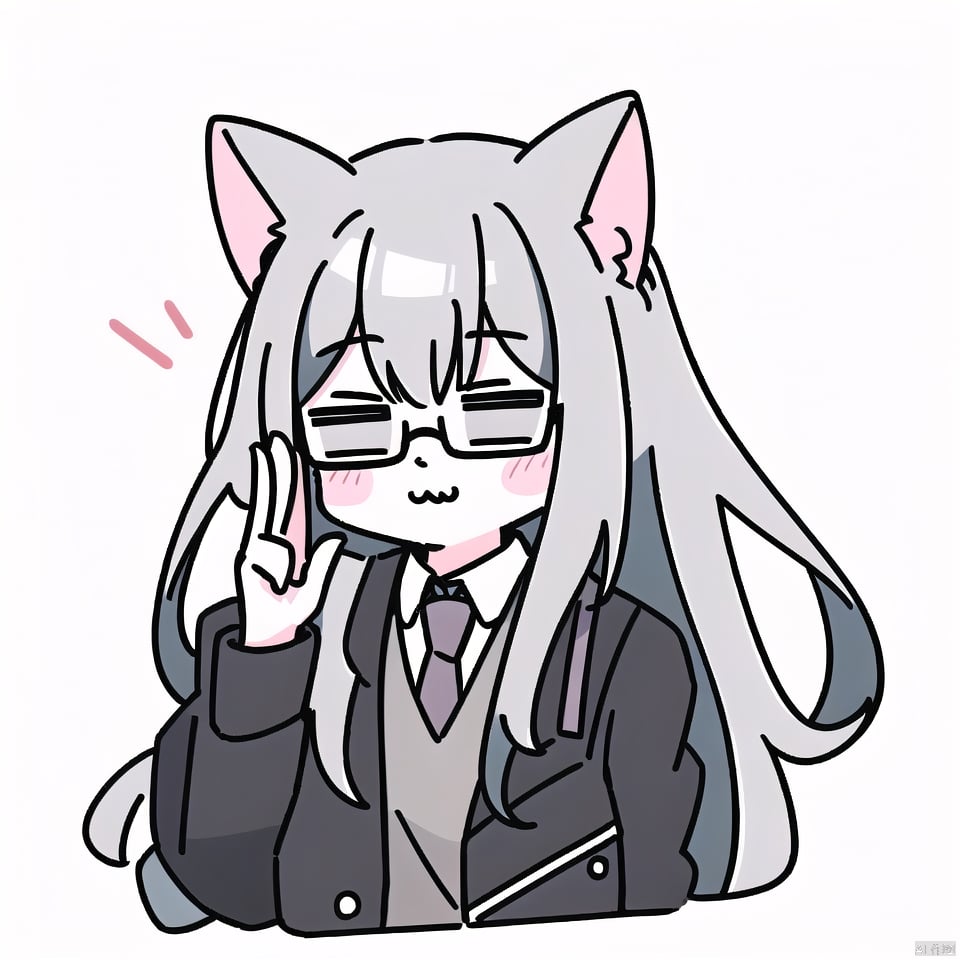 (\MBTI\),1girl,solo,long hair,bangs,simple background,shirt,long sleeves,white background,holding,animal ears,jacket,upper body,grey hair,necktie,glasses,virtual youtuber,cat ears,hand up,bowtie,:3,blazer,cropped torso,pointer