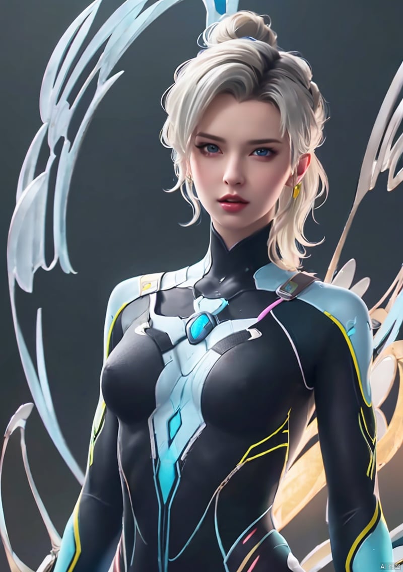 1girl, solo, breasts, blue eyes, medium breasts, upper body, ponytail, white hair, parted lips, wings, lips, bodysuit, skin tight, realistic, nose, black bodysuit, mechanical wings, mercy \(overwatch\)