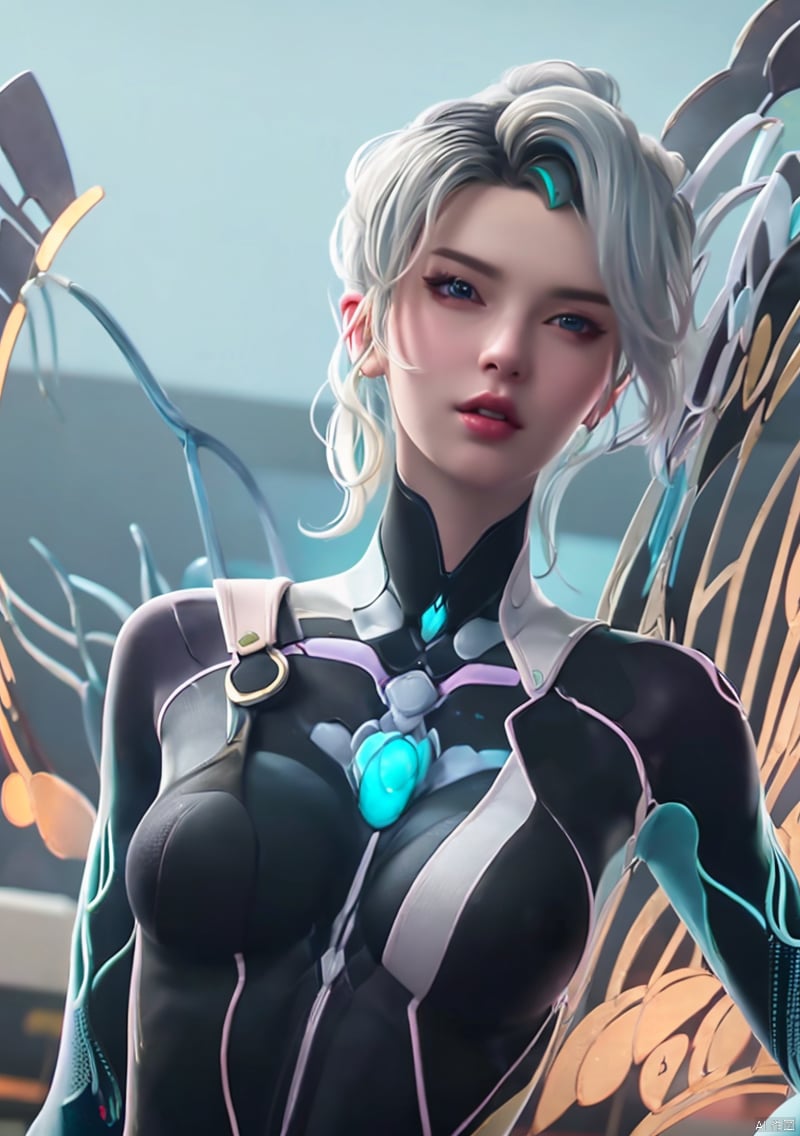 1girl, solo, breasts, blue eyes, medium breasts, upper body, ponytail, white hair, parted lips, wings, lips, bodysuit, skin tight, realistic, nose, black bodysuit, mechanical wings, mercy \(overwatch\), houtufeng