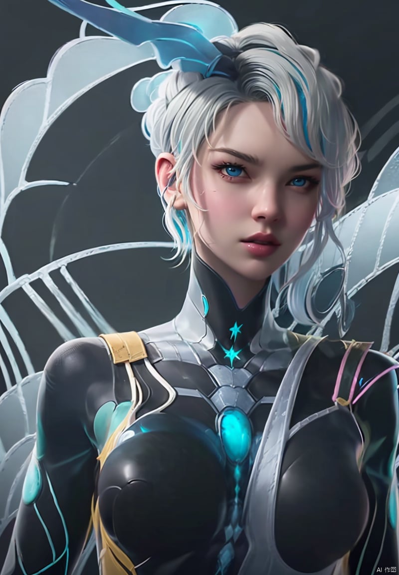 1girl, solo, breasts, looking at viewer, blue eyes, medium breasts, upper body, white hair, multicolored hair, parted lips, lips, bodysuit, skin tight, realistic, nose, black bodysuit, mercy \(overwatch\)