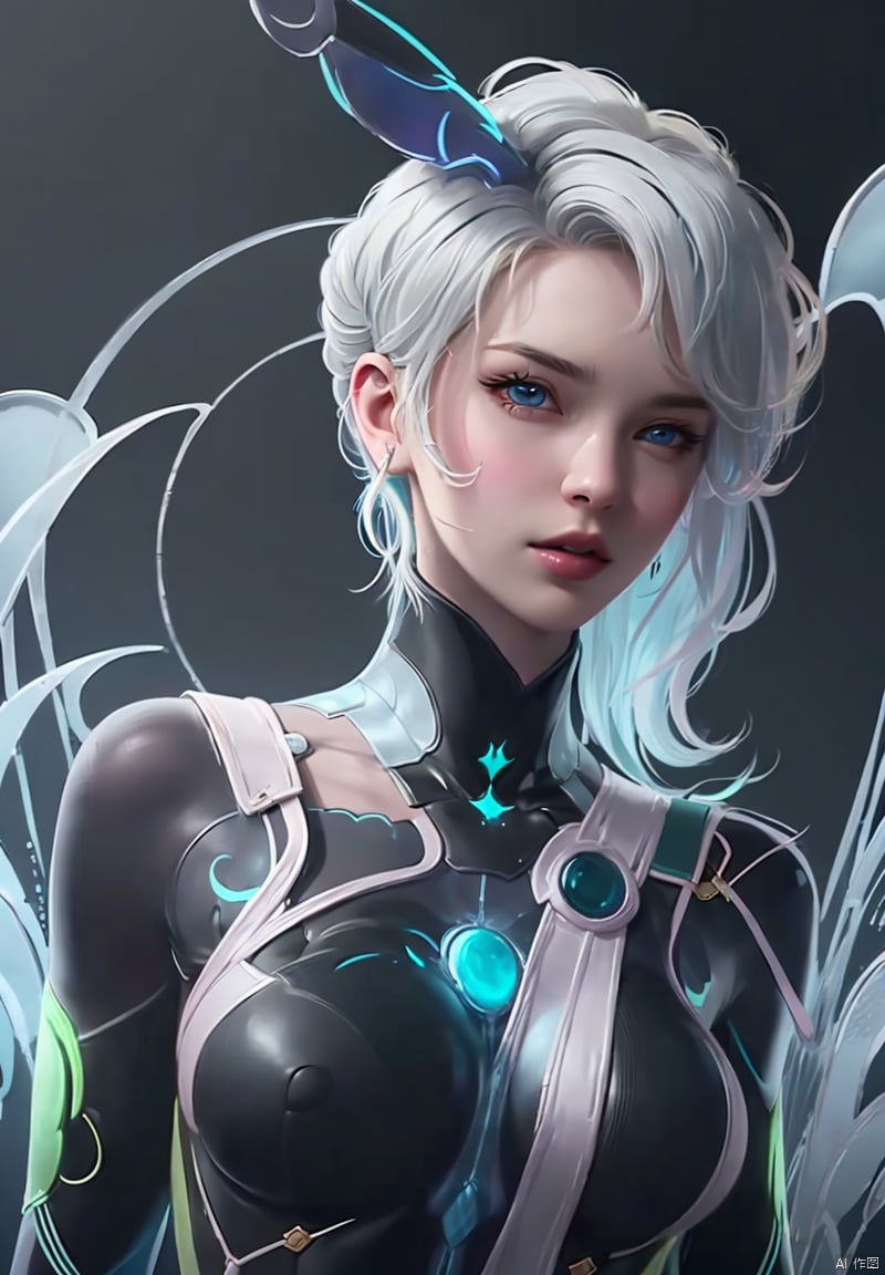 1girl, solo, breasts, looking at viewer, blue eyes, medium breasts, upper body, white hair, multicolored hair, parted lips, lips, bodysuit, skin tight, realistic, nose, black bodysuit, mercy \(overwatch\)