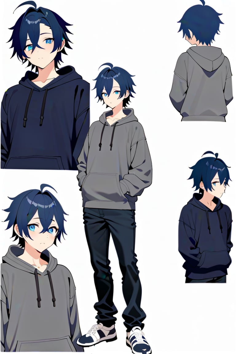 Raphael\(dimensionality of Morpheus\), 1male\(20year old\), solo,
look at viewer, closed mouth, stand, blush, 
thinking,
cowboy shot, full body, simple_background, white background,
asymmetrical bangs, crossed bangs, blue eyes, blue hair, short hair,ahoge, grey hoodie, casual,
(perfect detailed face), ((clear face)), perfect body, standard body, detailed eyes, beauty, normal body, 
beautiful face, ((clear details)), 
(highly detailed), masterpiece, ((best quality)), illustrations,