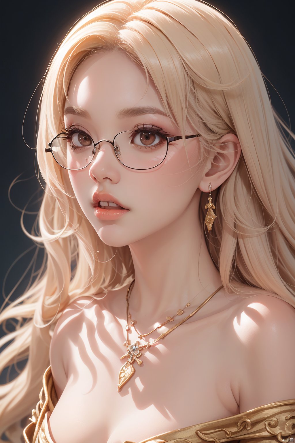  A girl, long white hair, flowing hair, bust, close-up of face, bust, fair skin, necklace, masonry, gem, ear chain, clavicle, off-the-shoulder, exquisite facial features and makeup.Red lips and delicate eye makeup.Delicate hair,Glasses, glasses,Wearing glasses,
( Best Quality: 1.2 ), ( Ultra HD: 1.2 ), ( Ultra-High Resolution: 1.2 ), ( CG Rendering: 1.2 ), Wallpaper, Masterpiece, ( 36K HD: 1.2 ), ( Extra Detail: 1.1 ), Ultra Realistic, ( Detail Realistic Skin Texture: 1.2 ), ( White Skin: 1.2 ), Focus, Realistic Art,liuguang,liuguang,bankuang, (\meng ze\)