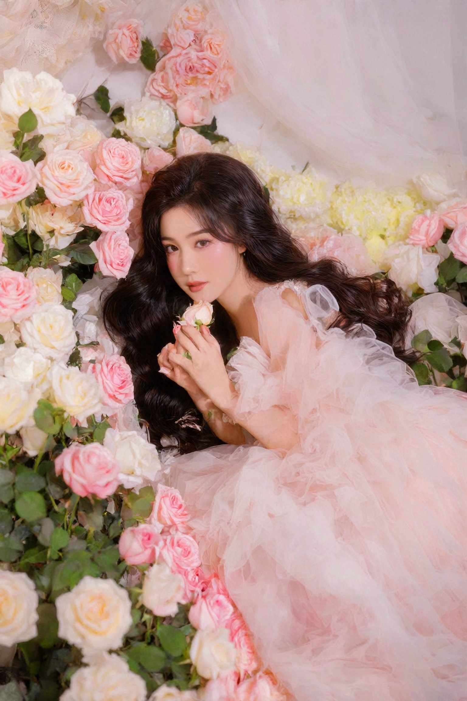 1girl, solo, long hair, brown hair, black hair, dress, flower, white dress, rose, white flower, pink flower, pink rose