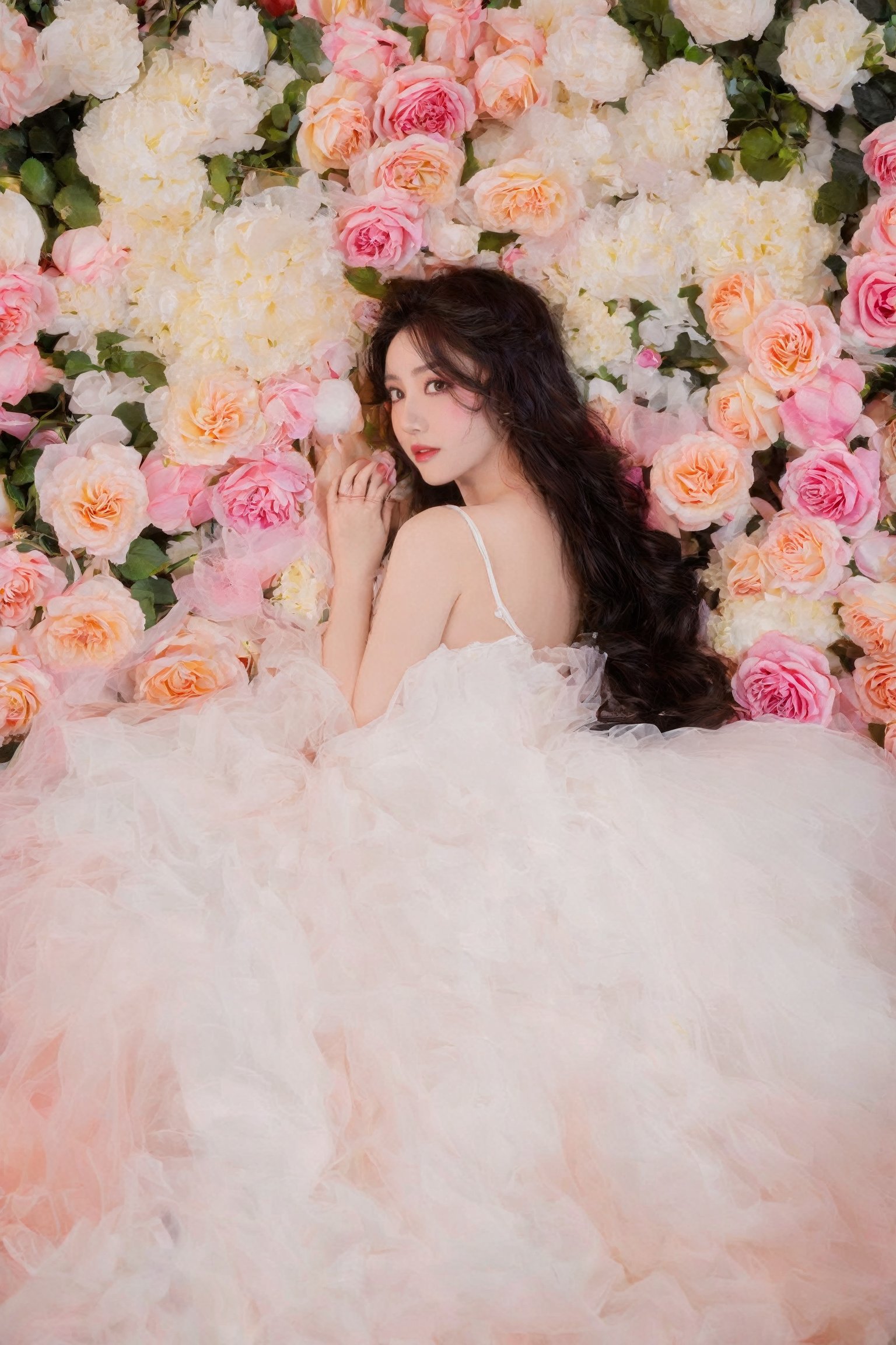 1girl, solo, long hair, brown hair, black hair, dress, flower, white dress, rose, white flower, pink flower, pink rose