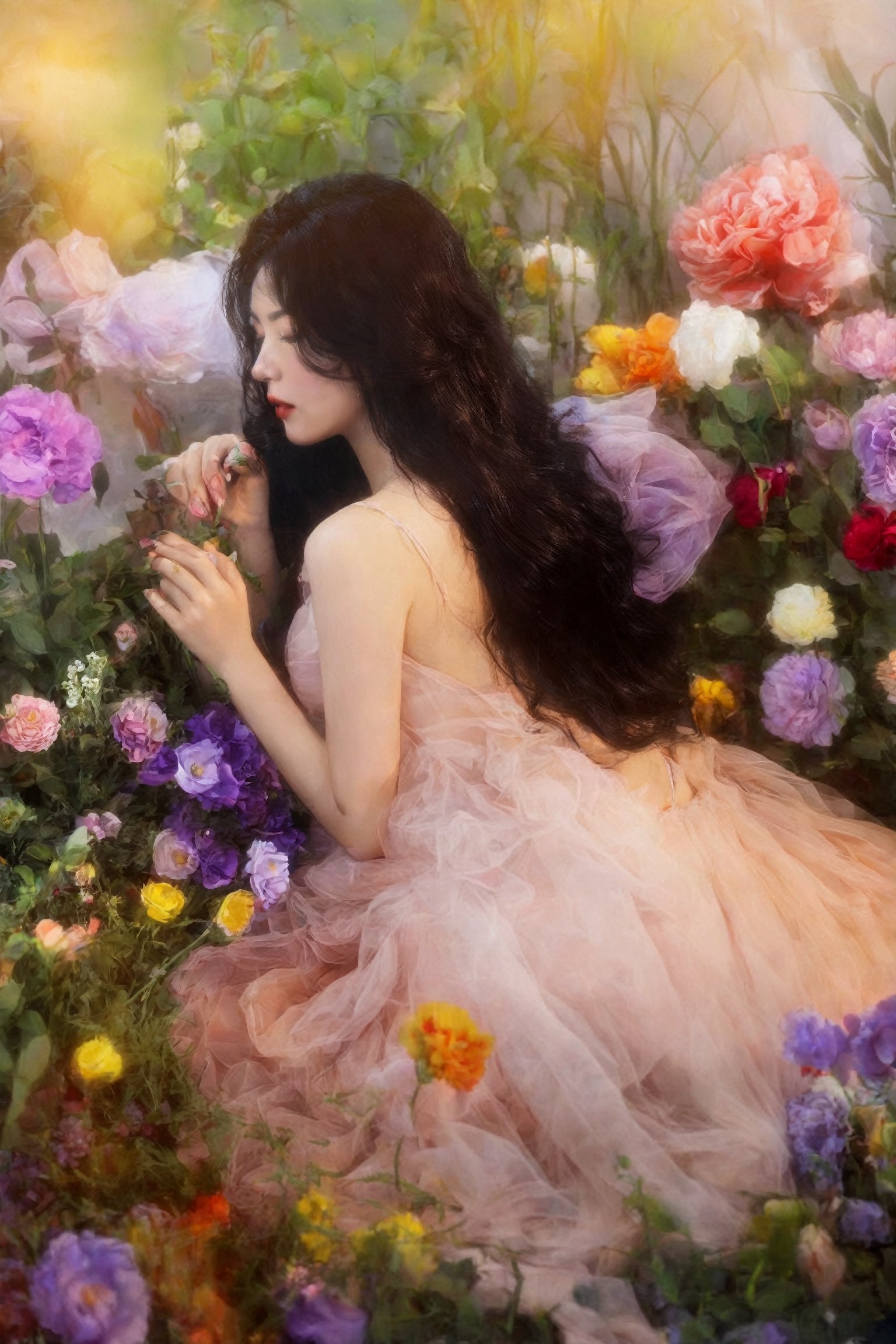 1girl, solo, long hair, black hair, dress, sitting, closed eyes, flower, surreal