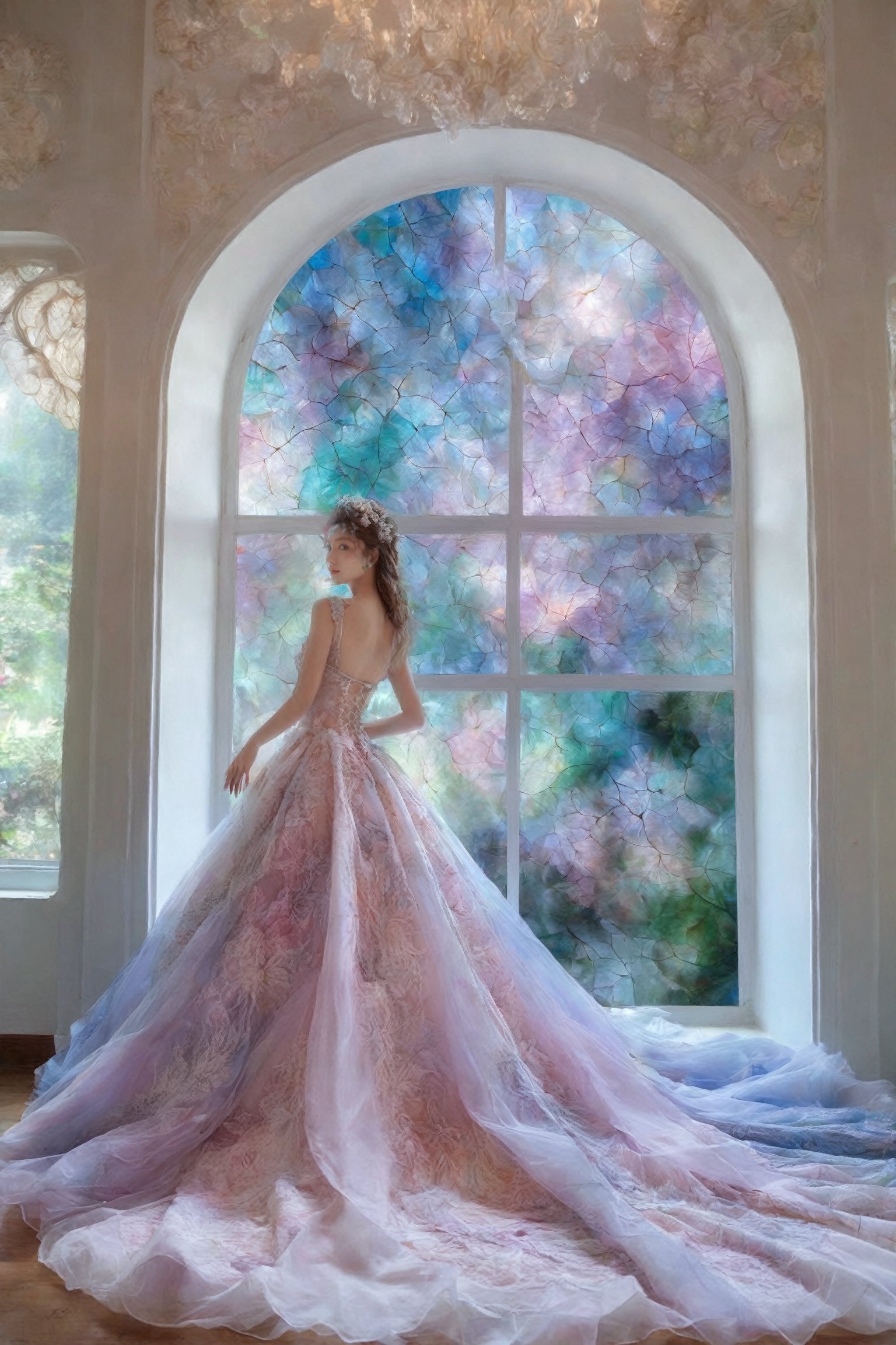 (masterpiece, top quality, best quality, official art, beautiful and aesthetic:1.2),(1girl),full body,extreme detailed,(fractal art:1.3),colorful,highest detailed,,1girl,full body,installation_art,indoor,french_window,dress