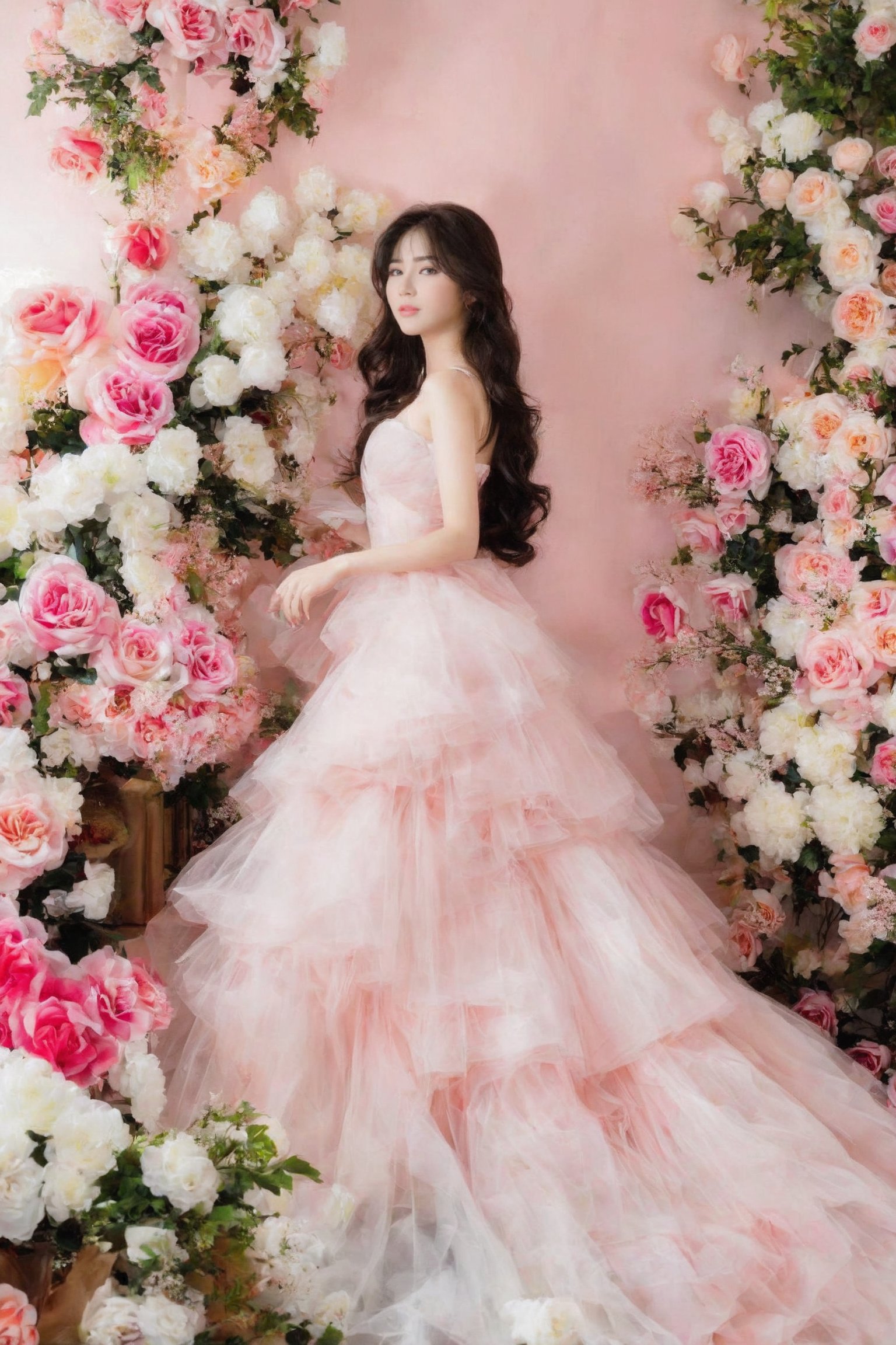 1girl, solo, long hair, brown hair, black hair, dress, flower, white dress, rose, white flower, pink flower, pink rose