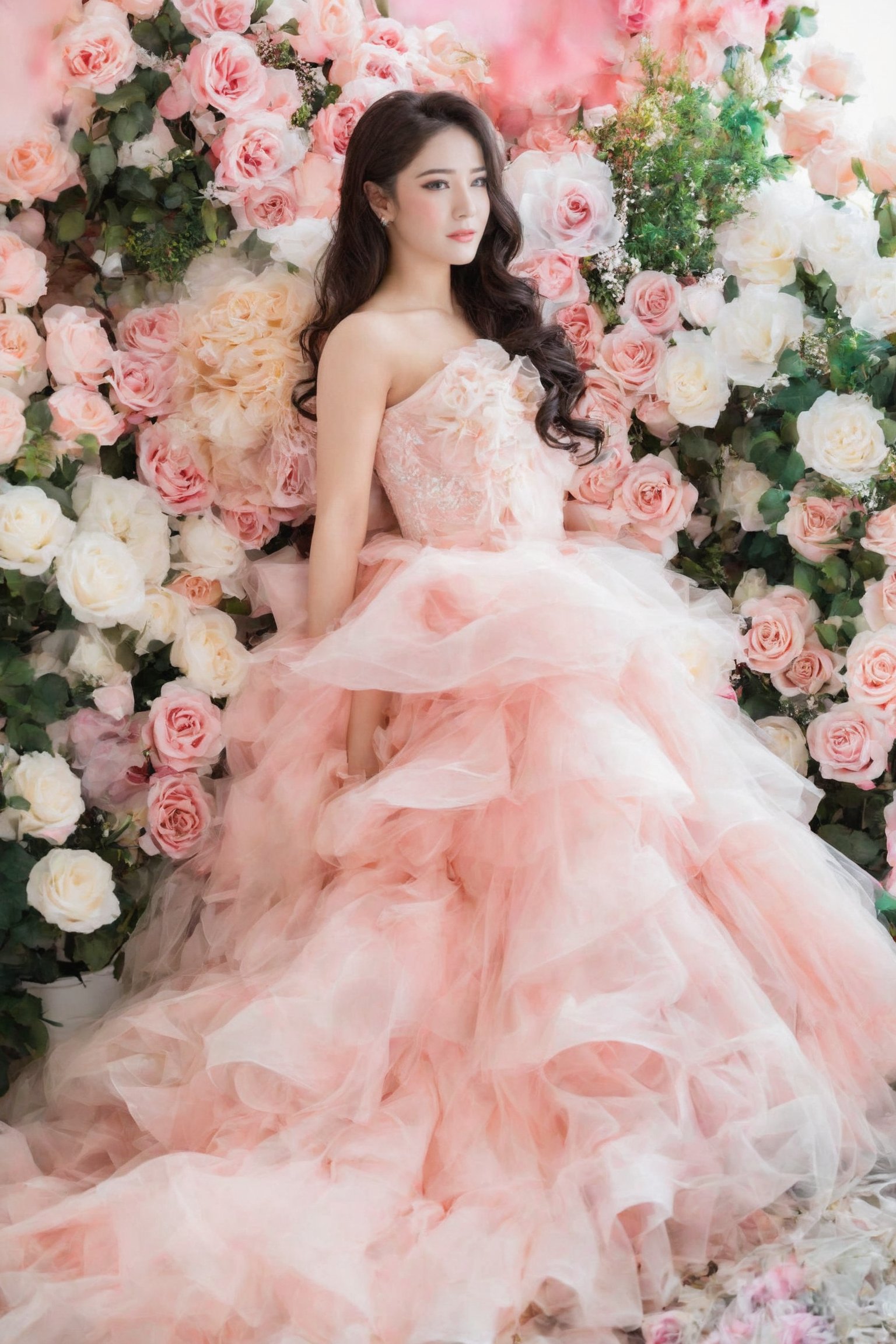 1girl, solo, long hair, brown hair, black hair, dress, flower, white dress, rose, white flower, pink flower, pink rose