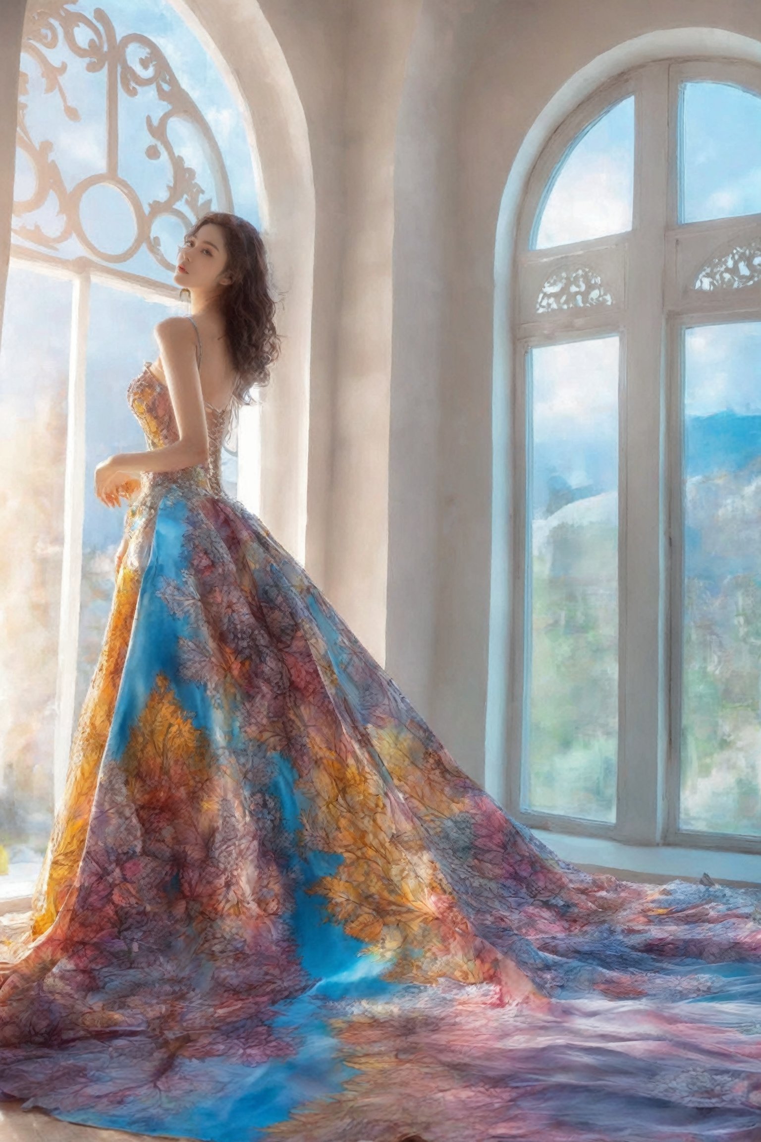 (masterpiece, top quality, best quality, official art, beautiful and aesthetic:1.2),(1girl),full body,extreme detailed,(fractal art:1.3),colorful,highest detailed,,1girl,full body,installation_art,indoor, window,dress