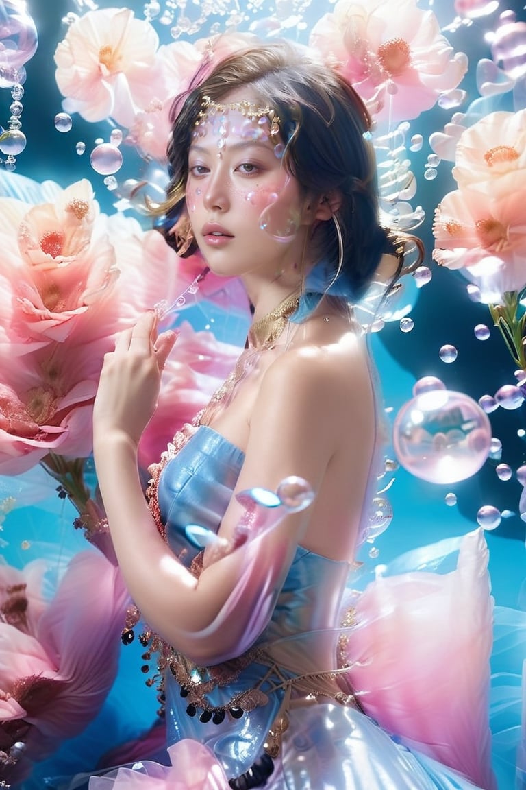 (close-up face view:1.9),a woman in a pink dress blowing bubbles, high fashion magazine cover, glossy flecks of iridescence, of a youthful Japanese girl, wearing translucent sheet, blue sky above, promotional render, adorned in a transparent plugsuit, delicate crystal wings extending gracefully, immersed in an alien landscape, clouds forming a celestial ballet, exotic flora adding to the dreamlike atmosphere.",more detail XL,glitter,Glass Elements,skirtlift,dreamgirl