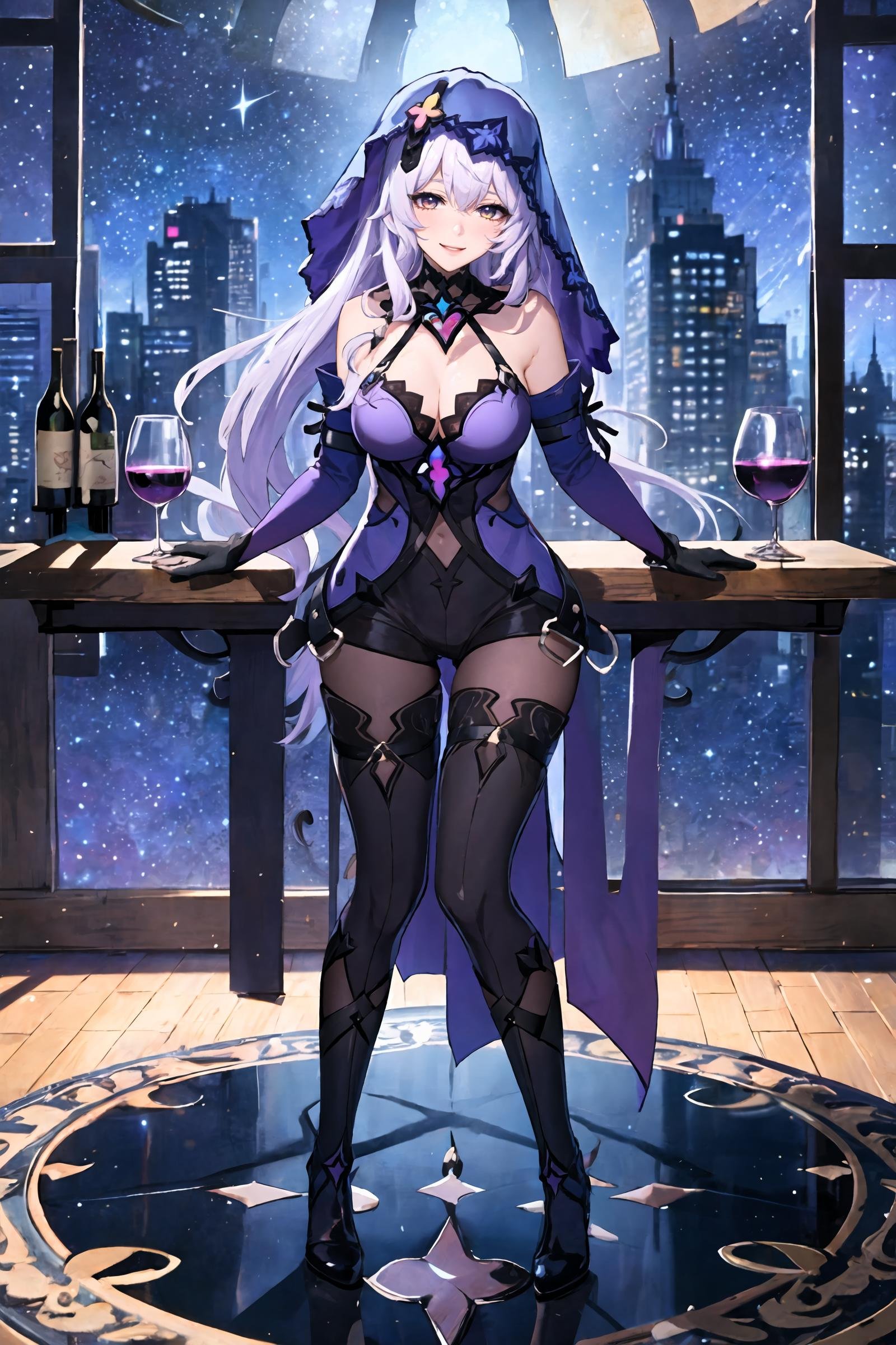 1girl, black swan \(honkai: star rail\), solo, black gloves, veil, thigh boots, detached sleeves, purple halter dress, (pantyhose), short shorts, detached collar, light smile, looking at viewer, full body, floor-to-ceiling window, cityscape, starry sky, holding wine glass,  <lora:face-sensualface_type2:0.7>, ecstasy, gasping