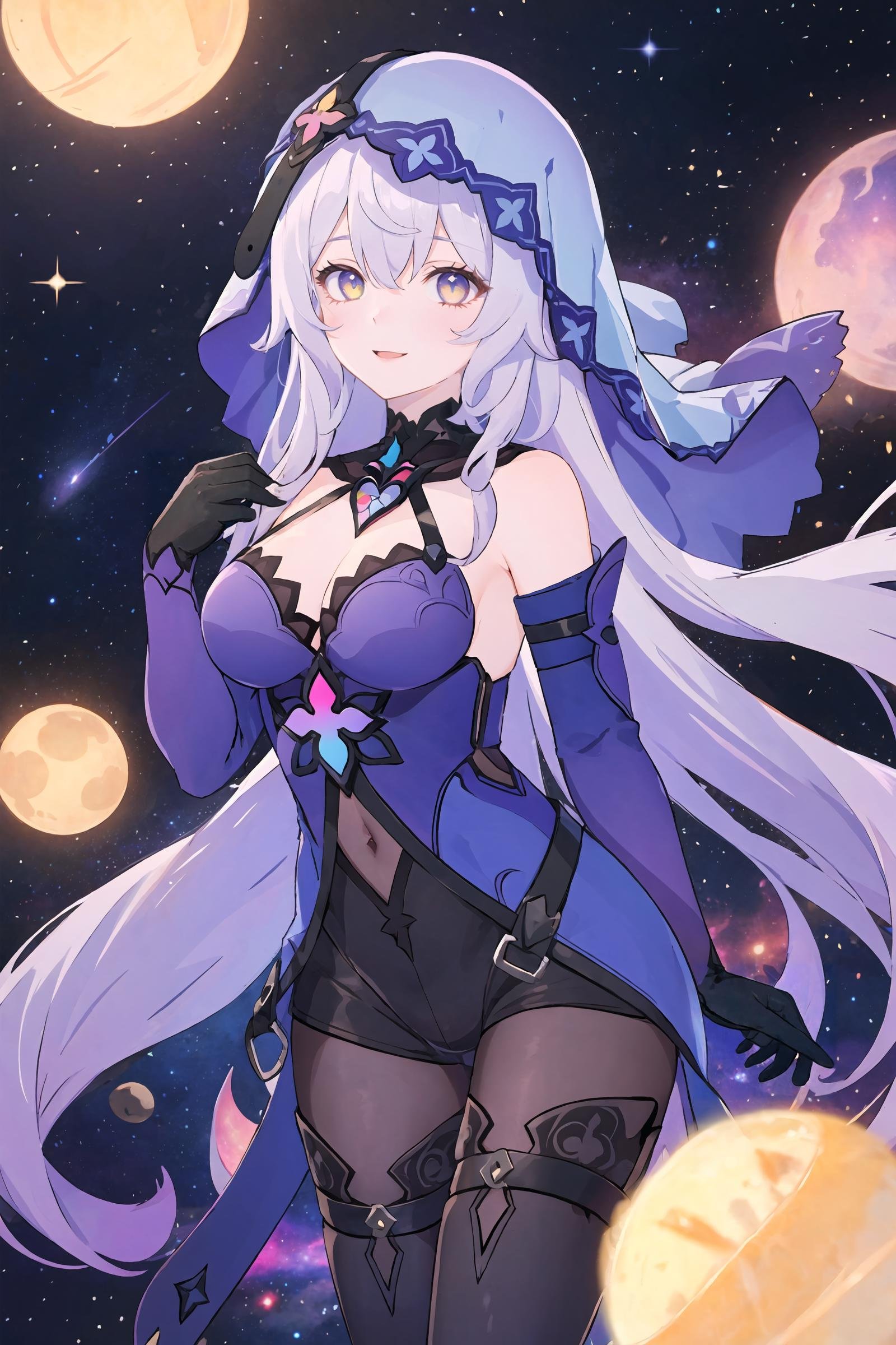 1girl, black swan \(honkai: star rail\), solo, black gloves, veil, thigh boots, detached sleeves, purple halter dress, (pantyhose), short shorts, detached collar, cowboy shot, looking at viewer, floating, floating hair,  depth of field, space, nebula, starry sky, light smile, hand in own hair