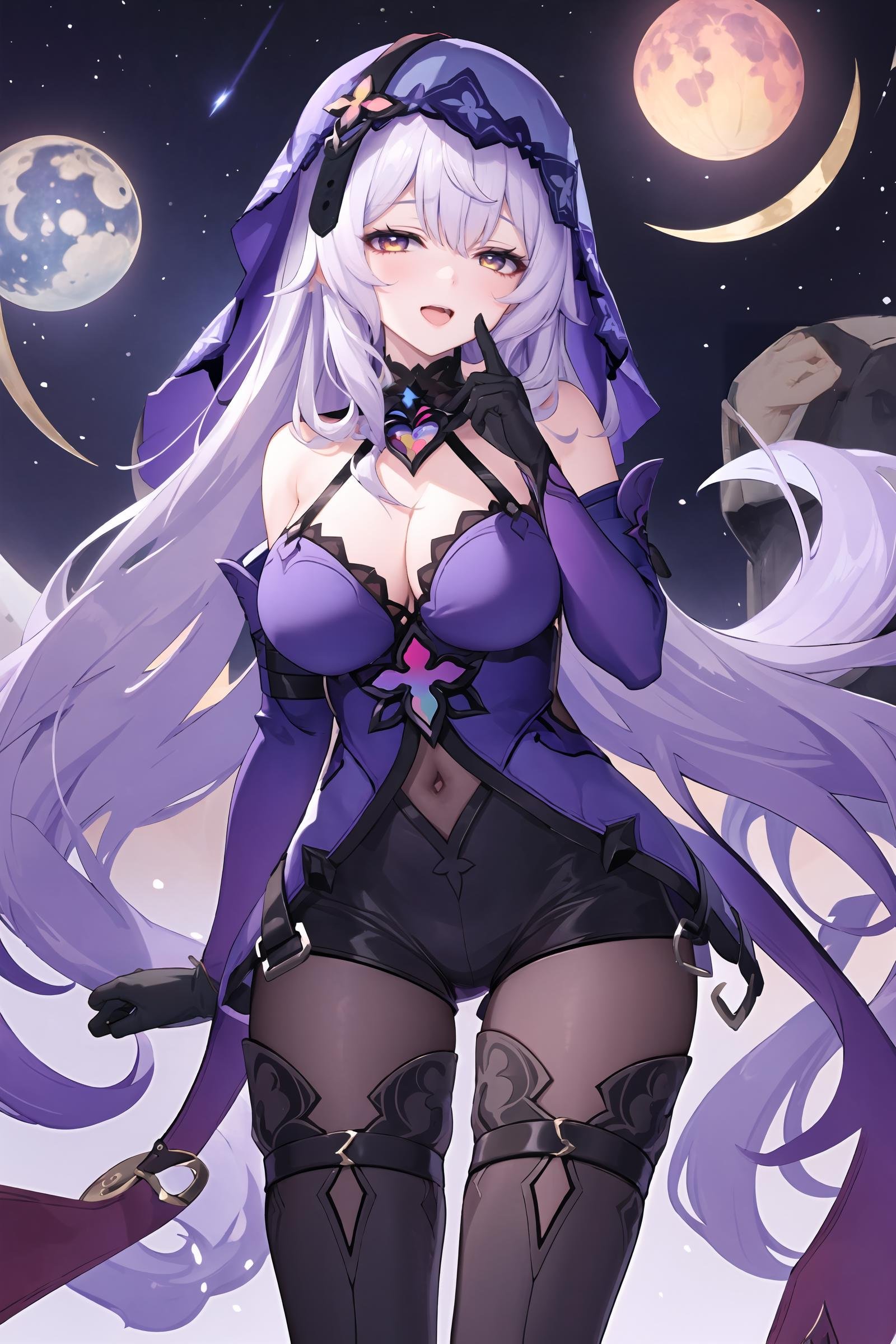 1girl, black swan \(honkai: star rail\), solo, black gloves, veil, thigh boots, detached sleeves, purple halter dress, (pantyhose), short shorts, detached collar, cowboy shot, looking at viewer, finger to mouth, looking at viewer,  <lora:face-sensualface_type2:0.8>, ecstasy, gasping, smile, open mouth, standing,  crescent moon, nebula, starry sky