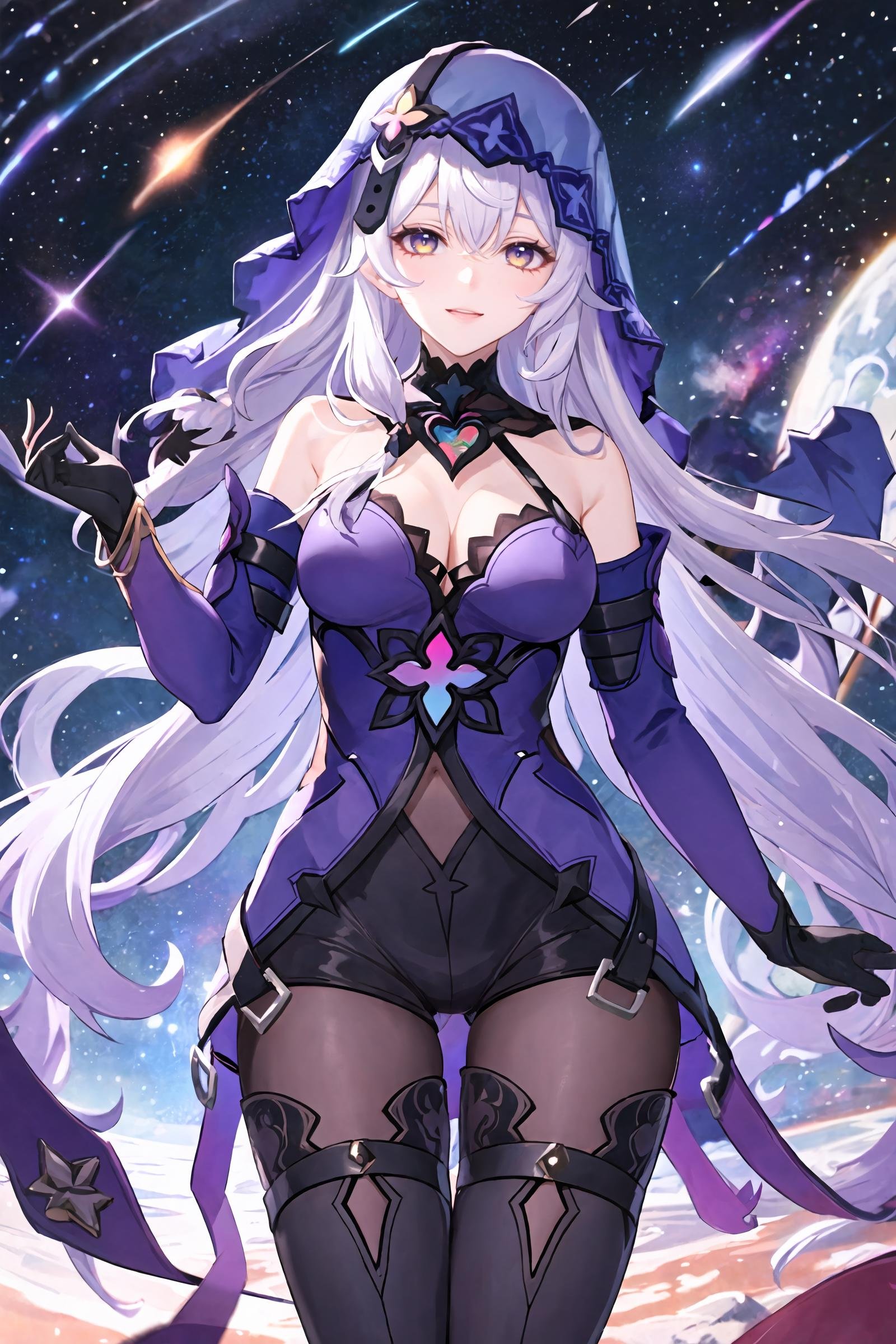 1girl, black swan \(honkai: star rail\), solo, black gloves, veil, thigh boots, detached sleeves, purple halter dress, (pantyhose), short shorts, detached collar, cowboy shot, looking at viewer, floating, floating hair,  depth of field, space, nebula, starry sky, light smile, hand in own hair