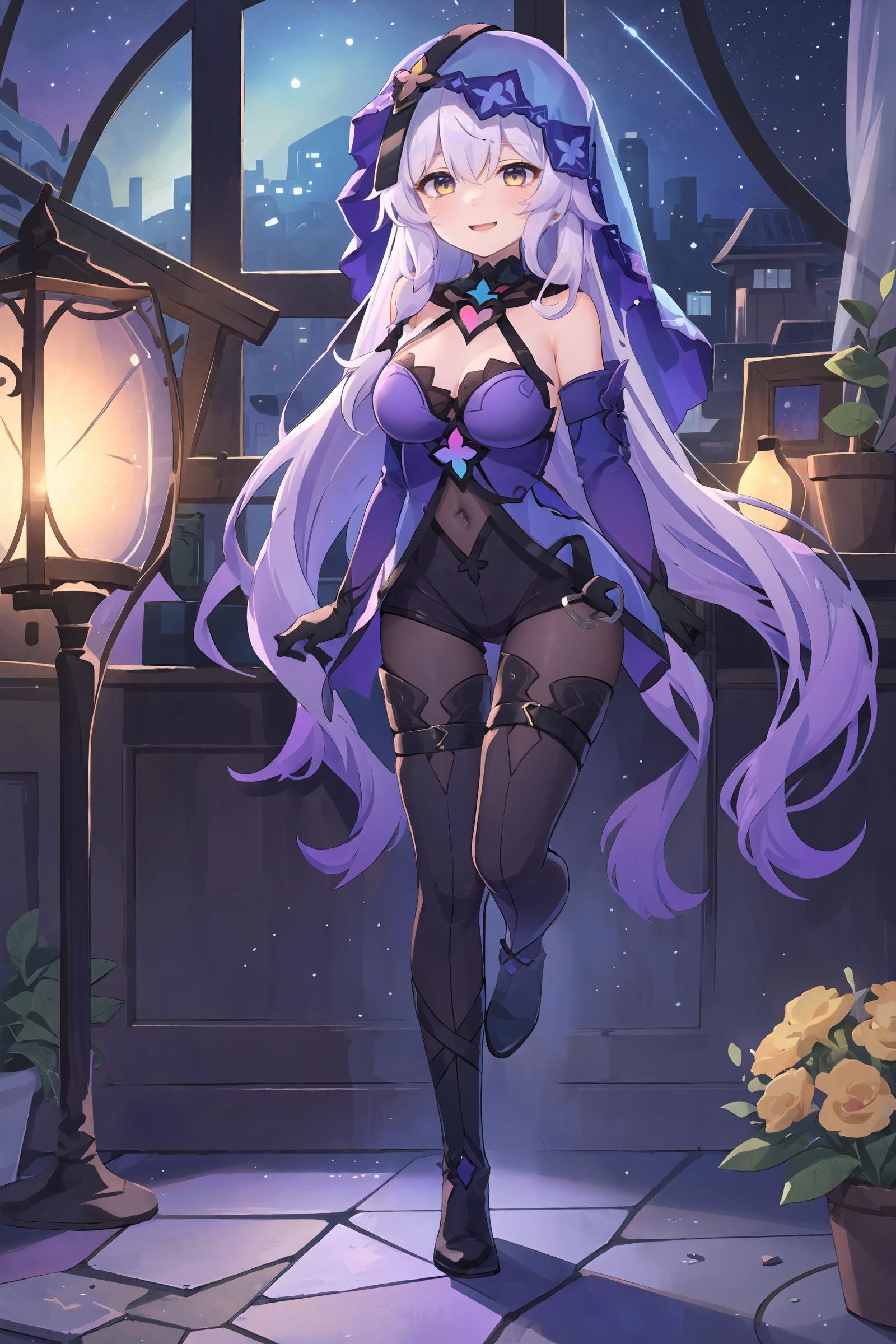 1girl, black swan \(honkai: star rail\), solo, black gloves, veil, thigh boots, detached sleeves, purple halter dress, (pantyhose), short shorts, detached collar, light smile, looking at viewer, full body, floor-to-ceiling window, cityscape, starry sky, holding wine glass,  <lora:face-sensualface_type2:0.7>, ecstasy, gasping