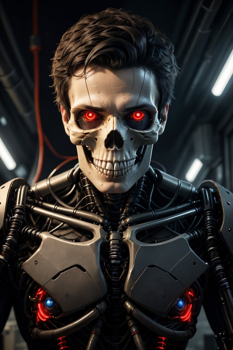 (best quality, 4k, 8k, highres, masterpiece:1.2), ultra-detailed, (realistic, photorealistic, photo-realistic:1.37), solo,looking at viewer,black hair,red eyes,1boy,upper body,male focus,teeth,glowing,glowing eyes,science fiction,skull,cyborg,mechanical parts