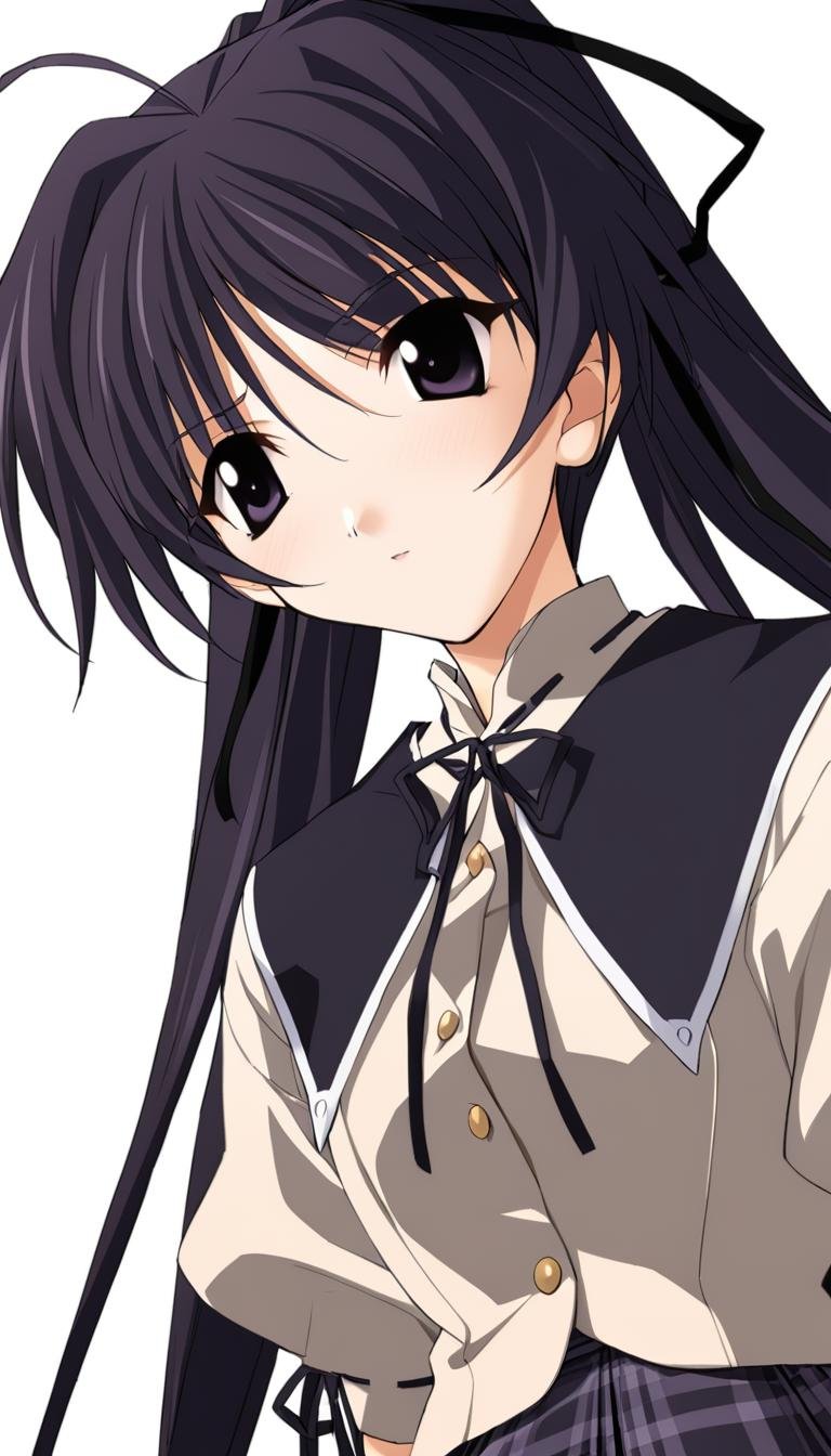 1girl,Suzuna Takano,school uniform,black collar with a white border,black hair ribbon,brown shirt,plaid skirt,black ribbon,triangular button,white background,simple background,masterpiece,solo,best quality,game cg,(depth of field:0.6),(detailed beautiful eyes:1.2),(beautiful face:1.2),<lora:SuzunaTakanoXL:1>,