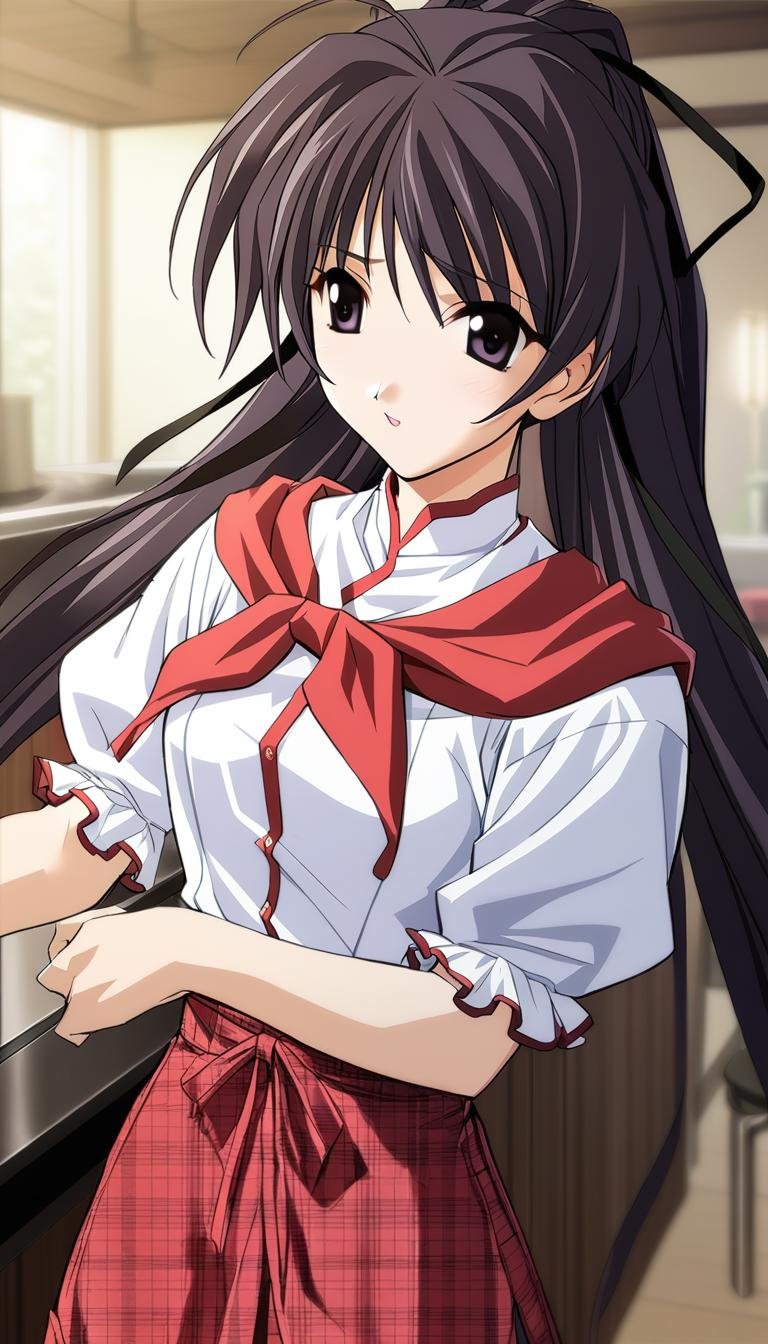 1girl,Suzuna Takano,work outfit,red neckcheif,red plaid skirt,frilled cuffs,red stripe,black hair ribbon,masterpiece,solo,best quality,game cg,(depth of field:0.6),(detailed beautiful eyes:1.2),(beautiful face:1.2),<lora:SuzunaTakanoXL:1>,waitress,