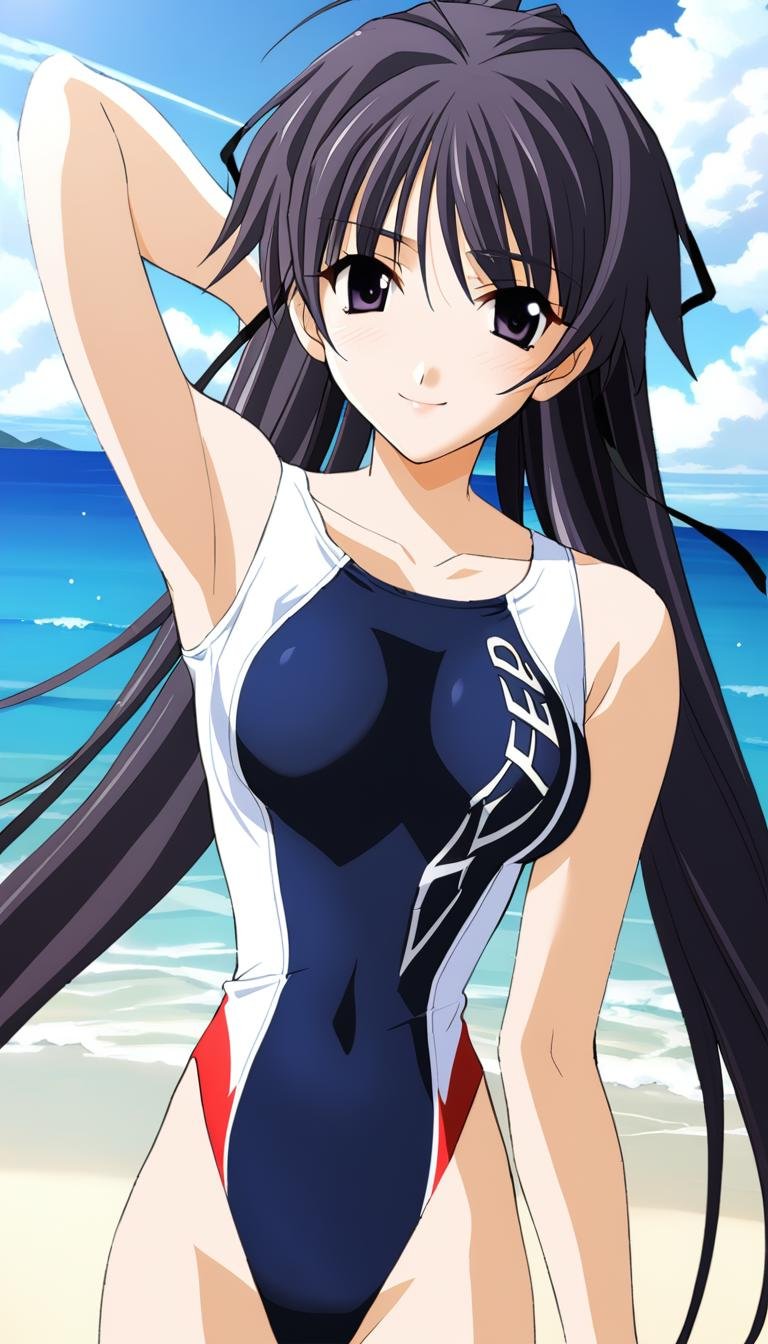 1girl,Suzuna Takano,blue and white one-piece swimsuit,black hair ribbon,clothes writing,sea,smile,outdoors,sky,cloud,masterpiece,solo,best quality,game cg,(depth of field:0.6),(detailed beautiful eyes:1.2),(beautiful face:1.2),<lora:SuzunaTakanoXL:1>,