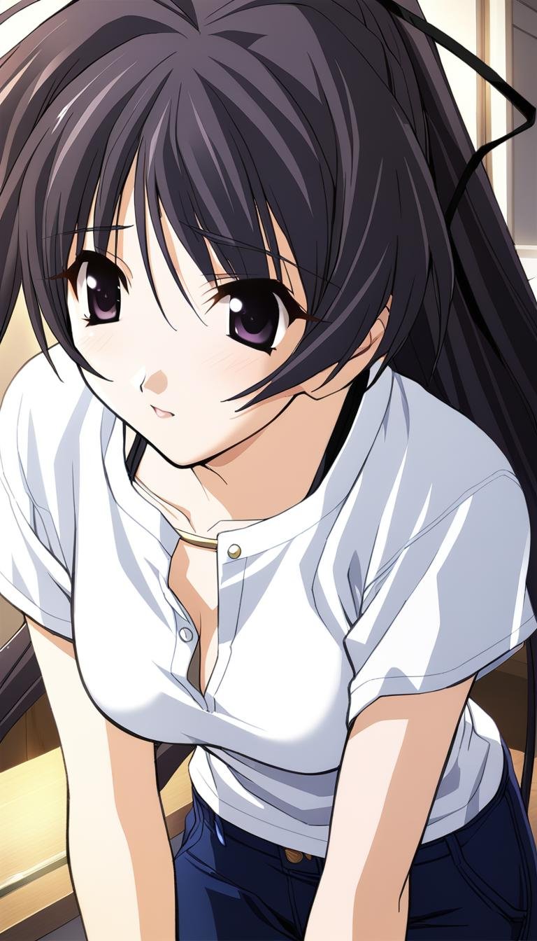 1girl,Suzuna Takano,white shirt, jeans,slim necklace, black hair ribbon, masterpiece,solo,best quality,game cg,(depth of field:0.6),(detailed beautiful eyes:1.2),(beautiful face:1.2),<lora:SuzunaTakanoXL:1>,