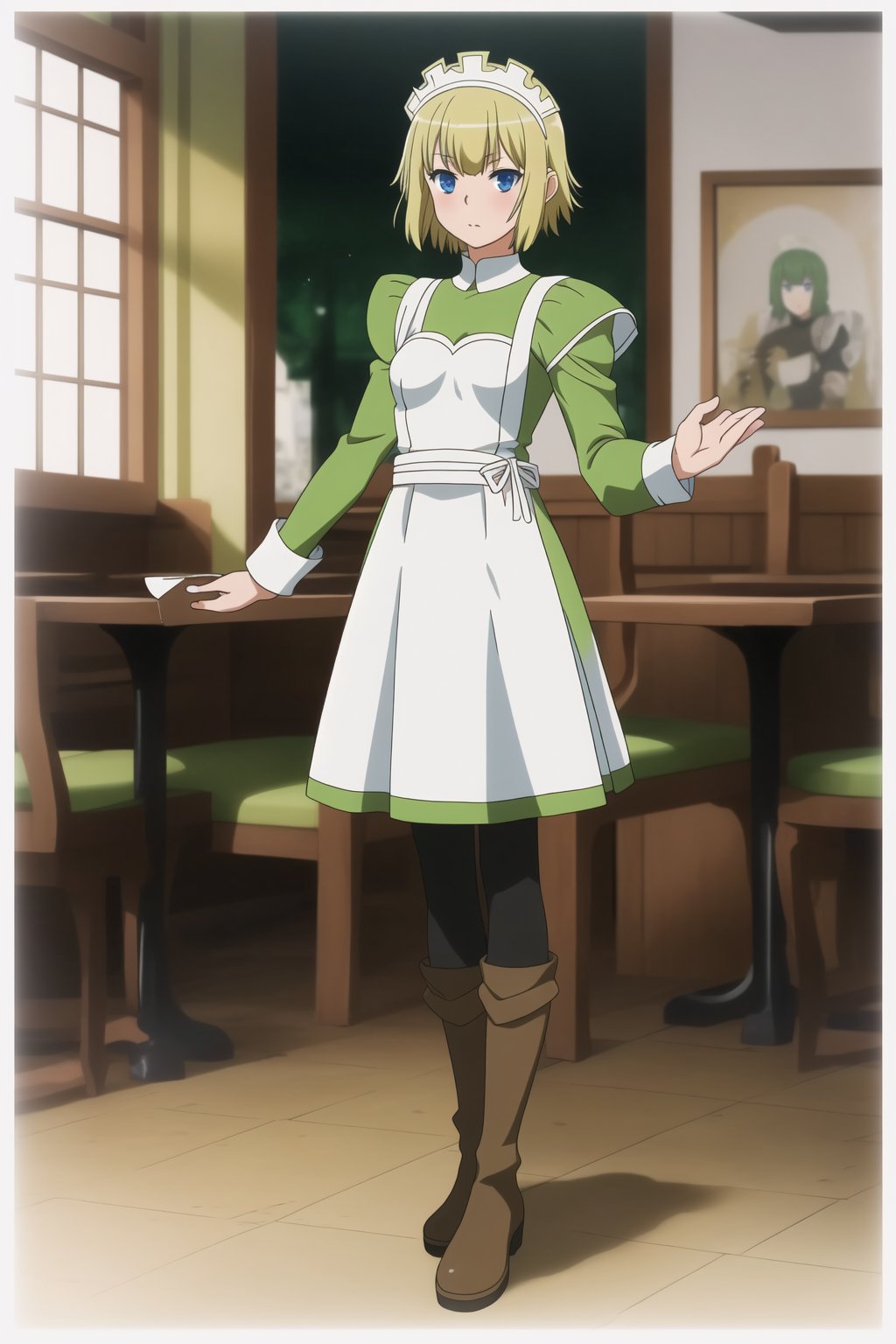 ((masterpiece)), high quality, 1girl, solo ((ryu)),short hair, blue eyes, blonde hair, green hair, slim, small breasts, restaurant medieval, full body, 
long sleeves, dress, ((lime green color dress)),standing, full body ,brown boots, ((white apron))
black pantyhose, maid headdress, brown footwear