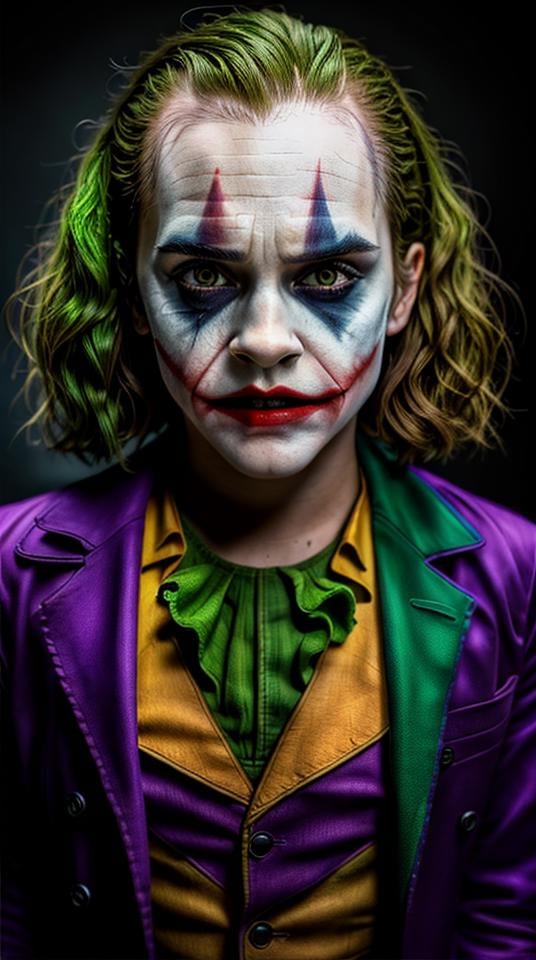 Hyperrealistic art photo portrait of (young Emma Watson as (Joker as Hulk)), (angry:1.4), diffuse lighting, natural soft colors, hyper-realistic, film grain, highly detailed . Extremely high-resolution details, photographic, realism pushed to extreme, fine texture, incredibly lifelike