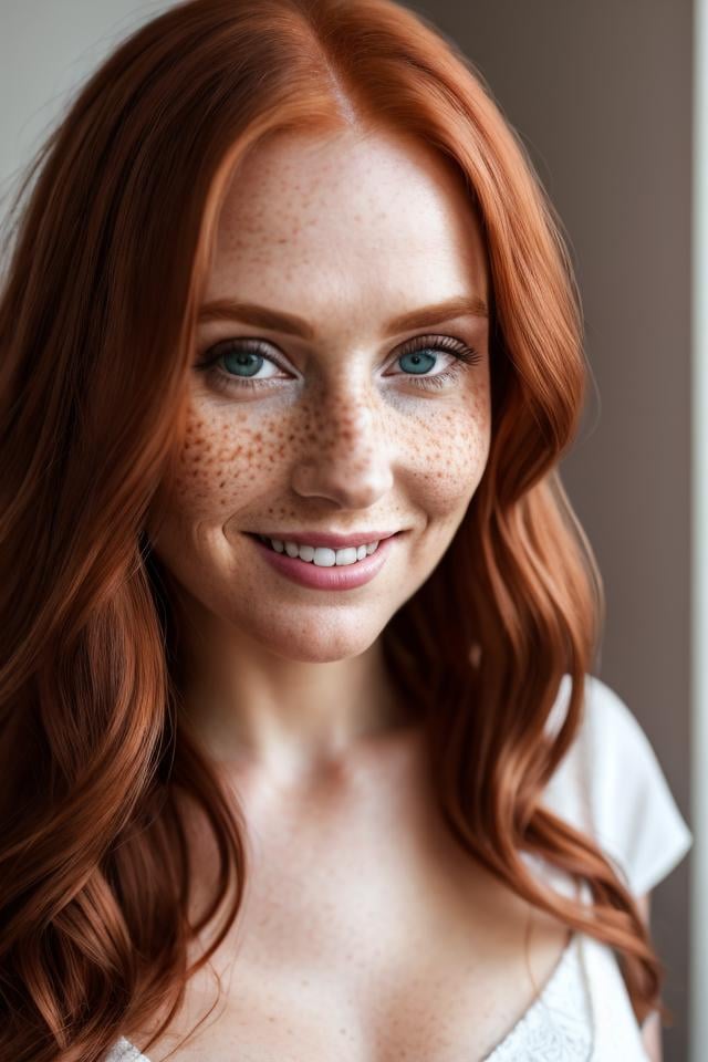 Hyperrealistic art (((sfw))), closeup 8k portrait, hyperdetailed, masterpiece, Pretty, babe, long hair, hair pulled to side, housewife, sexy, gorgeous, upstairs loft, redhead, freckles, instagram model, perfect smile, large breasts, mature mom, from above, innocent face . Extremely high-resolution details, photographic, realism pushed to extreme, fine texture, incredibly lifelike