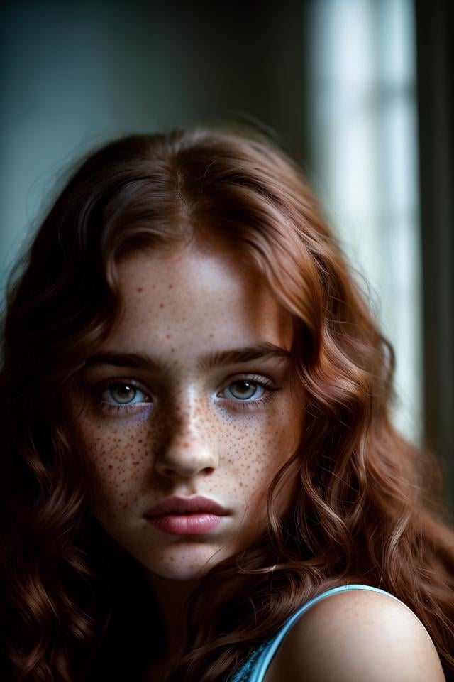 cinematic photo Photo portrait of a girl, defiant, pensive, freckles, long dark curly red hair, aquamarine eyes art by Yousuf Karsh . 35mm photograph, film, bokeh, professional, 4k, highly detailed