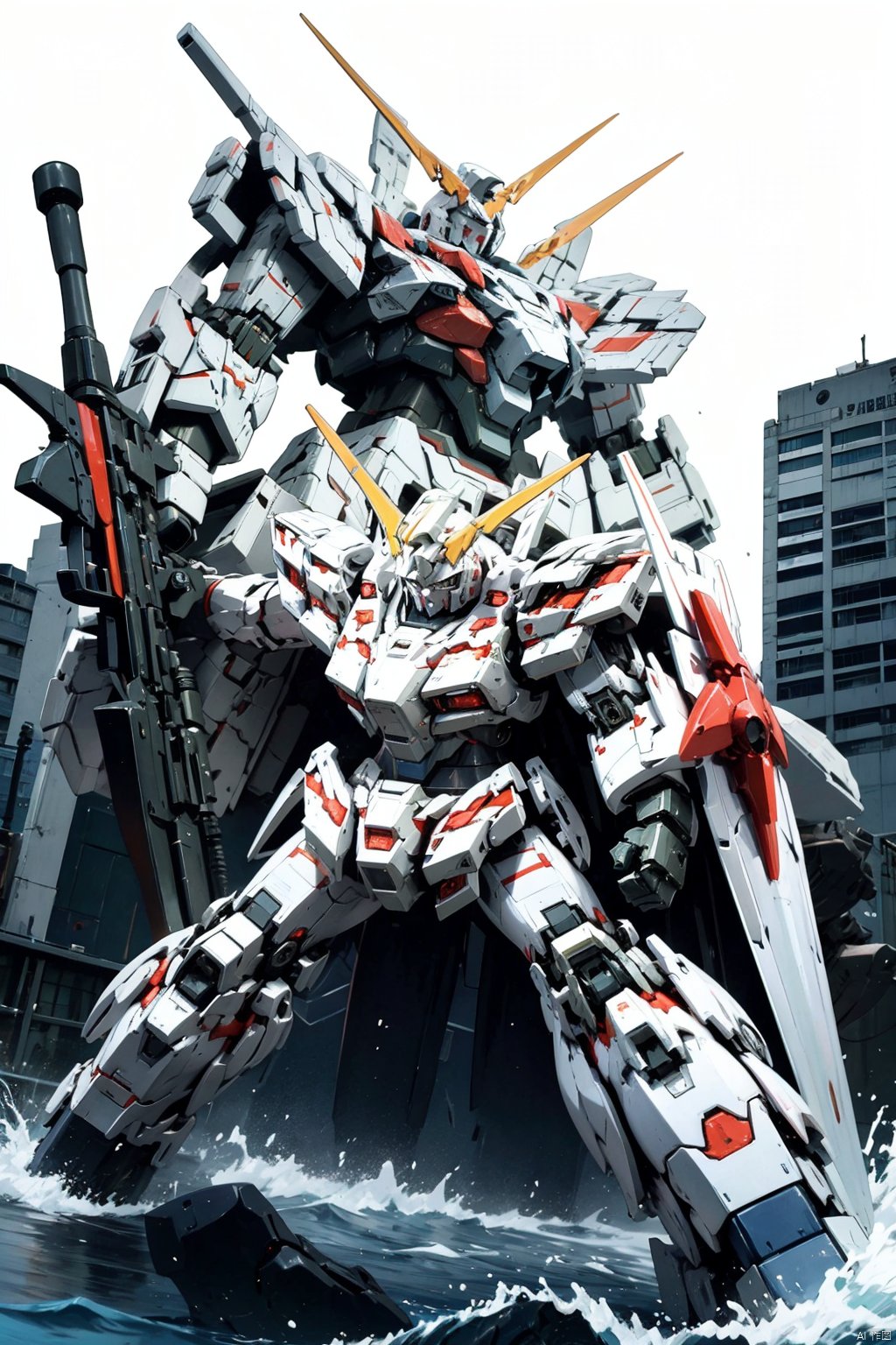best quality,  mecha,  red mecha with white lines and golden weapon by 爱丽丝王 on Tensor.Art