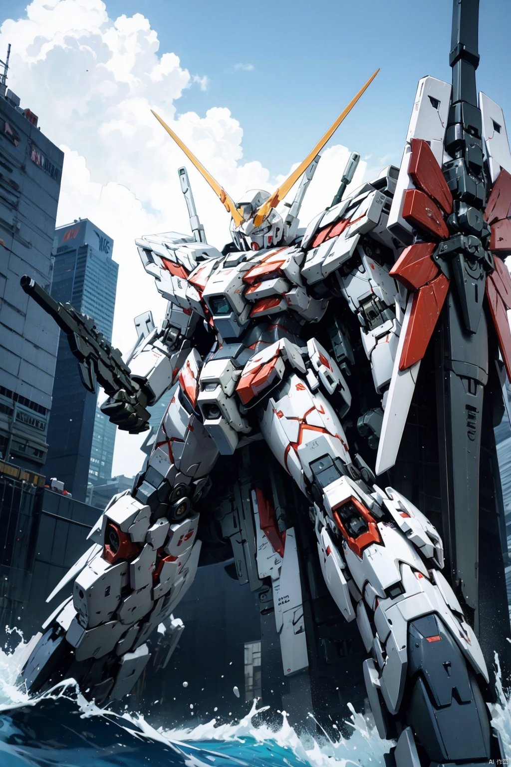 best quality,  mecha,  red mecha with white lines and golden weapon by 爱丽丝王 on Tensor.Art