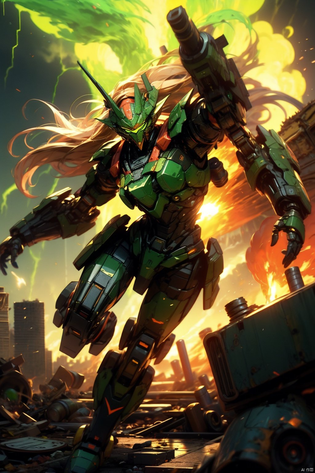 ((green liquid toxic poison Nuclear acid Tornado)) is chrushing over a destroyed big city,  Tornado filled with poison gar...