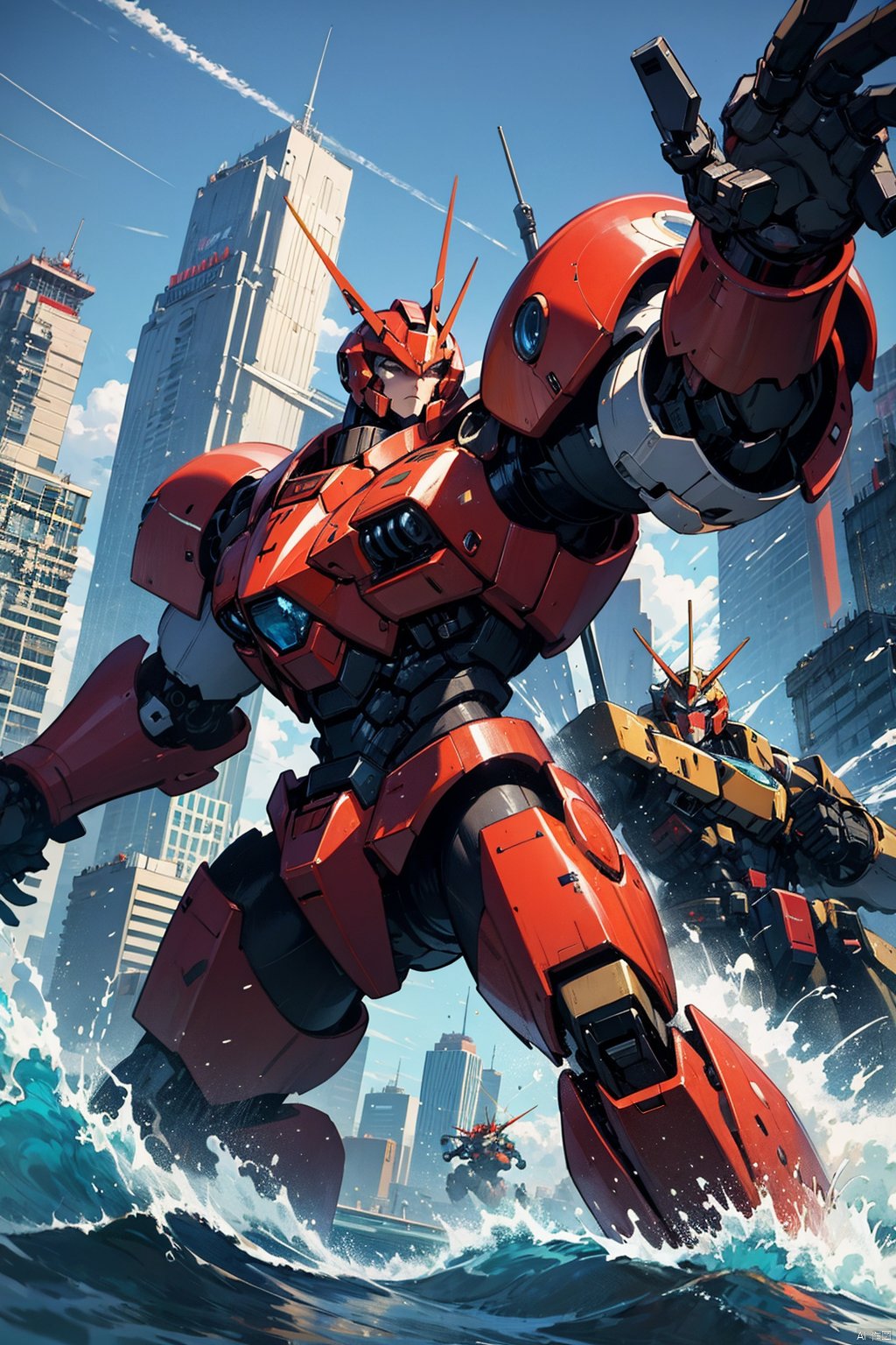 best quality,  mecha,  red mecha with white lines and golden weapon by 爱丽丝王 on Tensor.Art