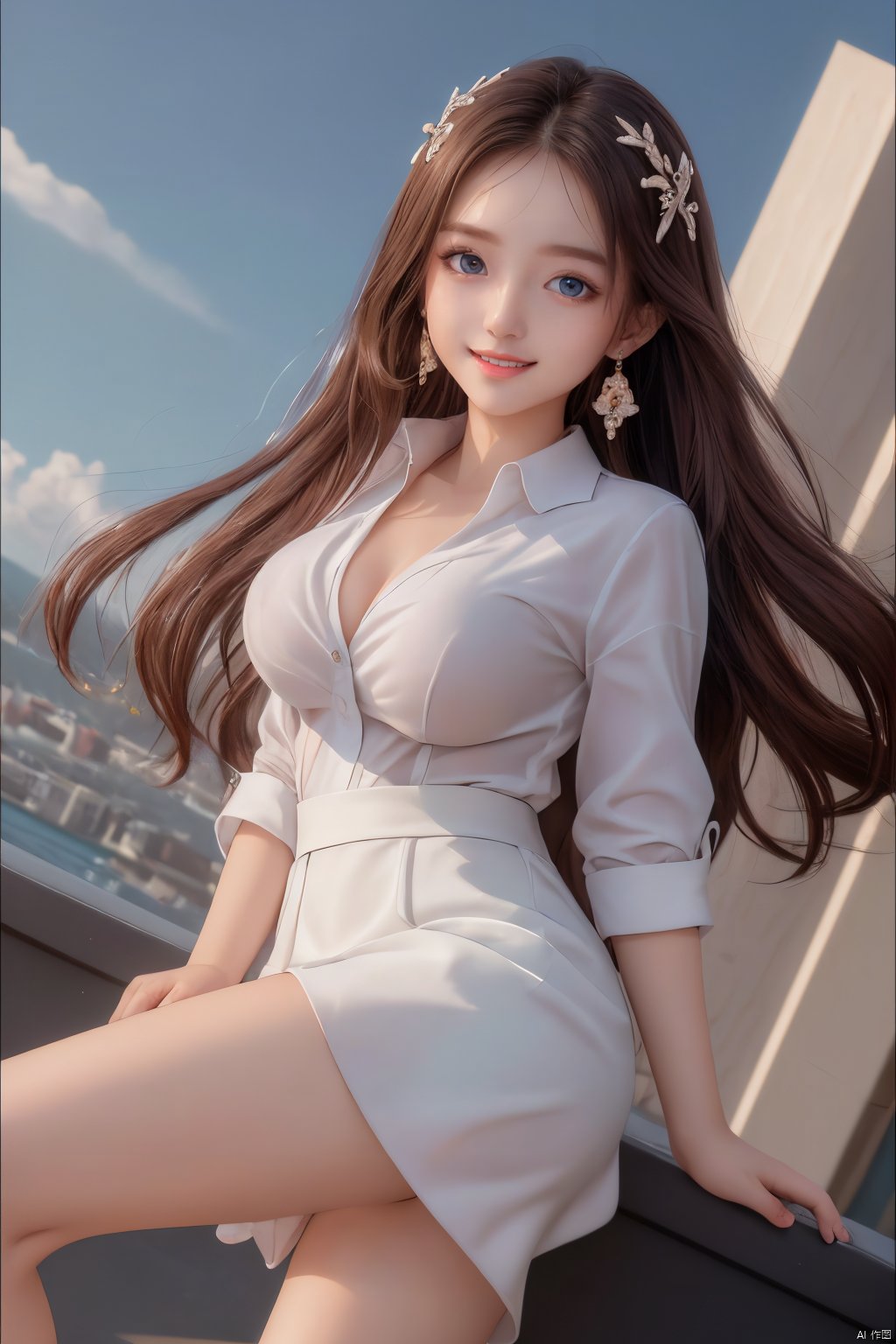 1girl, business_suit,solo, long hair, large breasts, earrings, hair ornament, blue eyes, expressionless, facing the audience, Smile, happy smile,miniskirt,big eyes,Sexy legs, crystal clear leg skin, incredible beauty, atmospheric perspective, dutch angle, (((Clean background))), Sweet Girl, 1girl<lora:EMS-313478-EMS:0.800000>