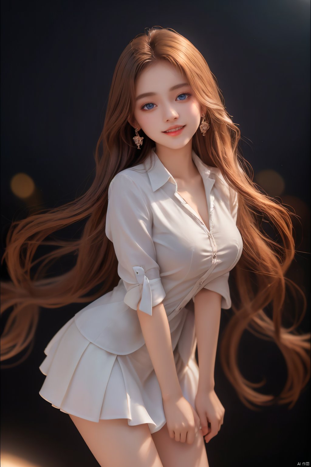 1girl, business_suit,solo, long hair, large breasts, earrings, hair ornament, blue eyes, expressionless, facing the audience, Smile, happy smile,miniskirt,big eyes,Sexy legs, crystal clear leg skin, incredible beauty, atmospheric perspective, dutch angle, (((Clean background))), Sweet Girl<lora:EMS-313478-EMS:0.800000>