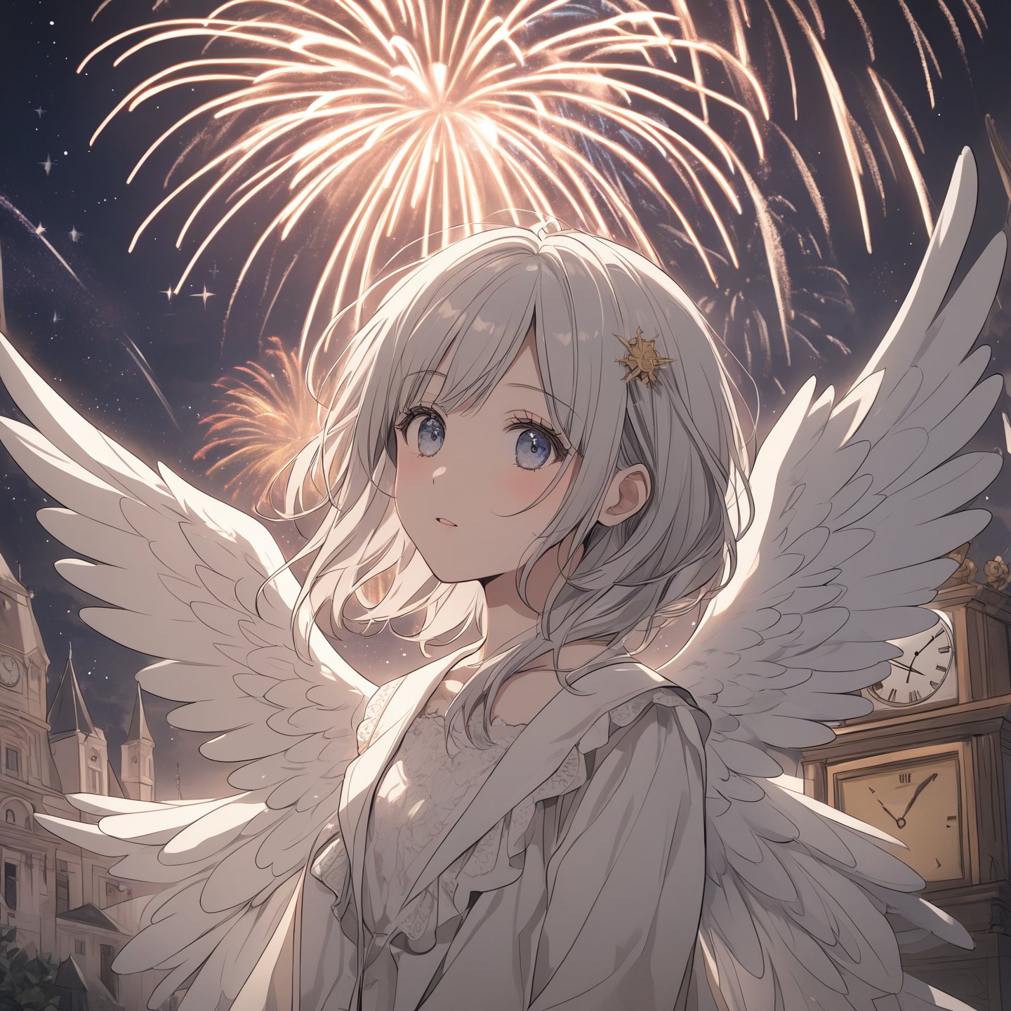 a 1girl with angel wings and a clock in the background with fireworks and stars around her,  and a clock in the middle of...