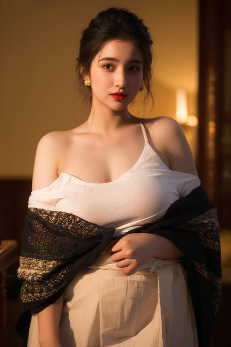 Best quality, masterpiece, ultra high res, (photorealistic:1.4), raw photo, 1girl,big breasts, offshoulder, in the dark, deep shadow