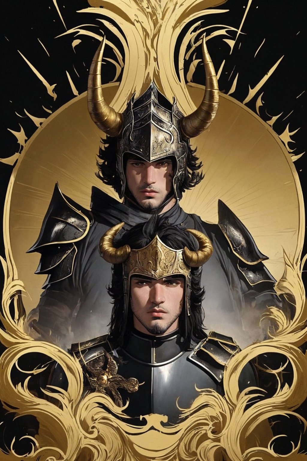 El Cid of Capricorn, a handsome 21-year-old man. He has thick black hair, brown eyes. He wears a helmet with fake horns. He wears a golden capricorn armor, El Cid,portrait,fantasy,Color Booster