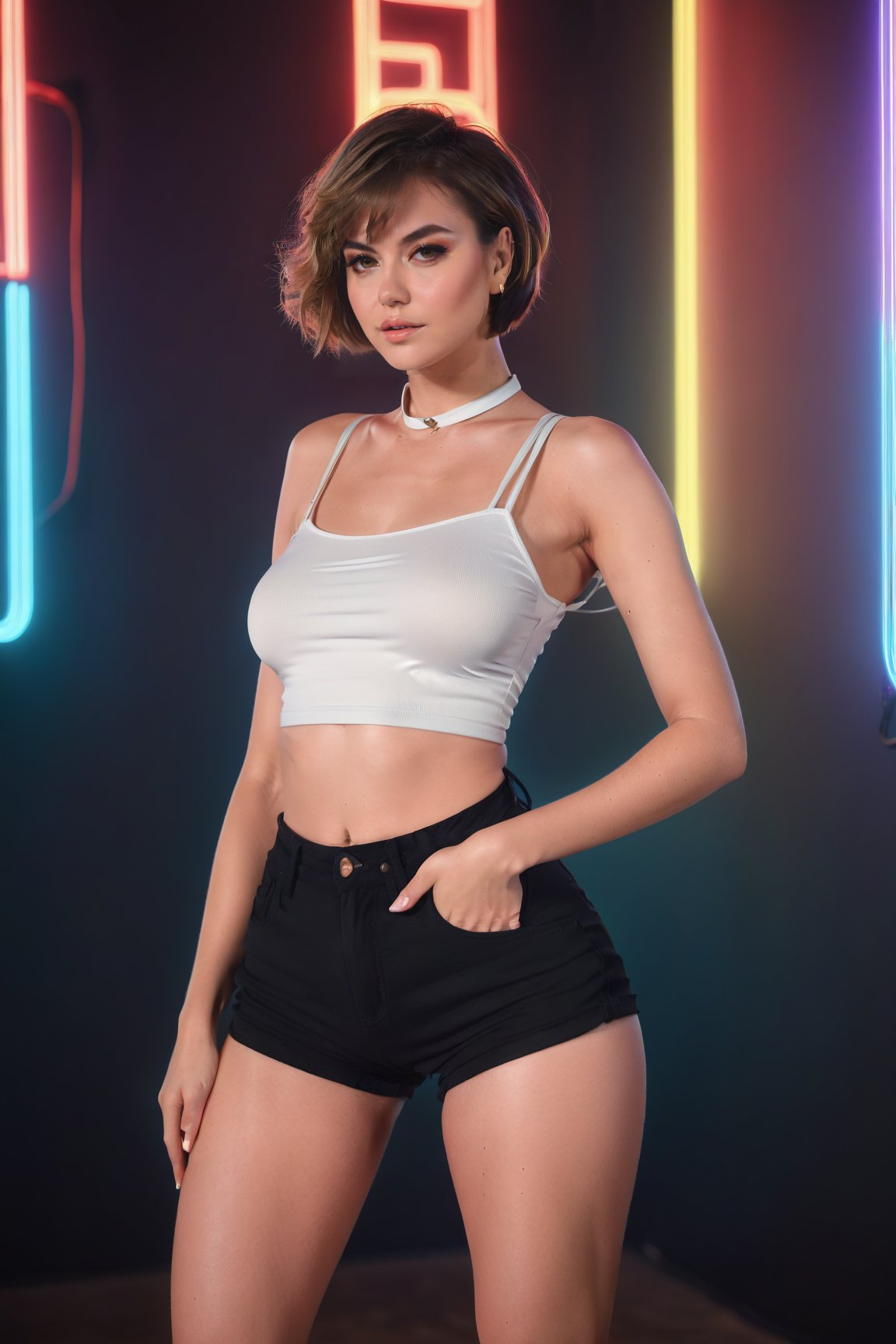 1 beautiful woman posing, Lana Lane, sexy and tall, thighs, long eyelashes, parted lips, thighs, short bouncy hair, bangs, indoors, neon lights, looking at viewer, cinematic light, (single white crop top), (single black colored shorts), clear facial details,16K, exquisite skin details and textures, flawless details, symetrical face ,best quality (photorealistic:1.7),Lana Lane