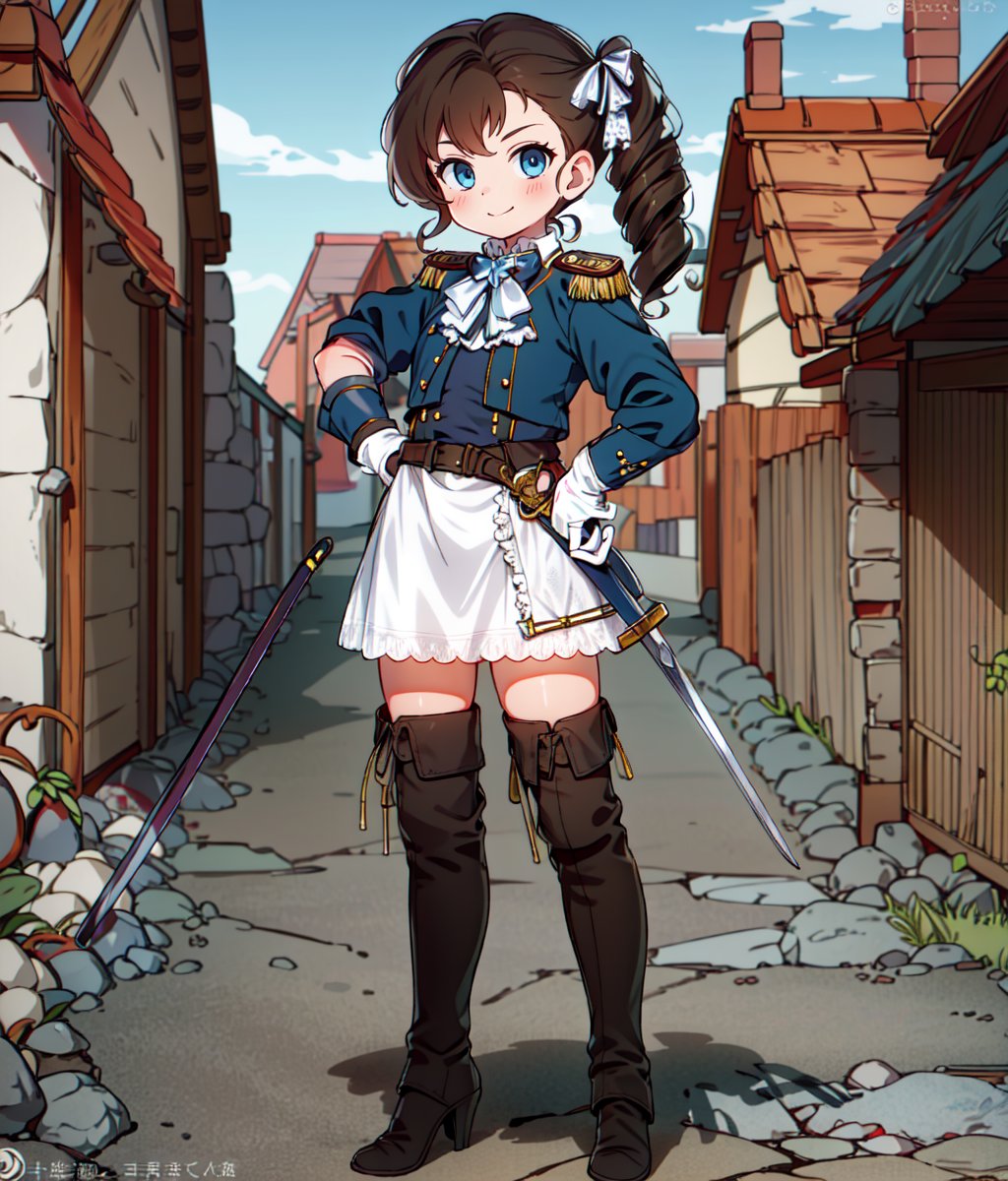 masterpiece, blue eyes, boots, bow, brown footwear, brown hair, brown thighhighs, closed mouth, dress, epaulettes, full body, gloves, hair bow, hand on own hip, high heel boots, high heels, leather, leather boots, looking at viewer, rapier, ringlets, short dress, side ponytail, single glove, sleeves past wrists, smile, solo, standing, sword, thigh boots, thighhighs, unworn gloves, watermark, weapon, white dress, white gloves, zettai ryouiki, outdoors, medieval town  <lora:Pauline :1>